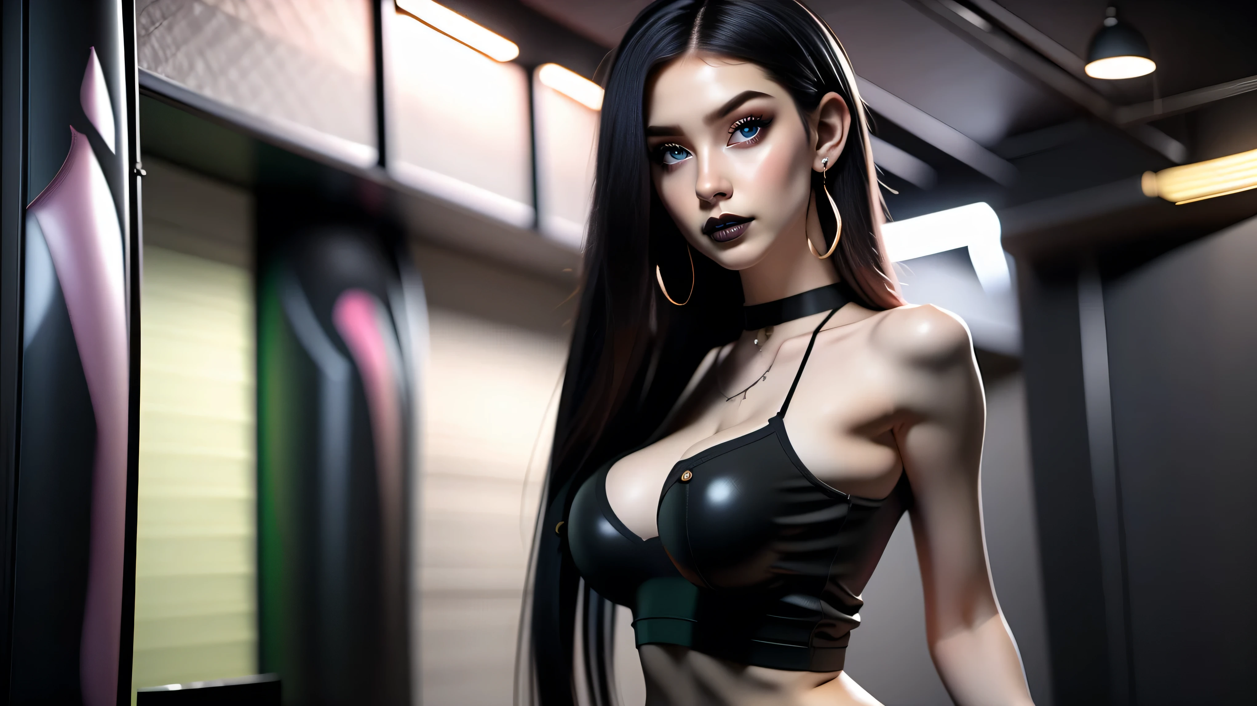 Best quality, 3d rendering work, 3DMM style, Close-up, Portrait,3D, 1girll, only, Black hair, earrings, looking at the camera, Realistic, Thin hips, Full body, thigh to head shot, ((sexy)), ((goth)), (panties), standing in front of a nightclub, city street, bangs, looks away, Long straight black hair, full lips, choker necklace, Makeup, (Green eyes), Tifa Lockhart, (round breasts, full breasts), (Medium breasts: 1.1)