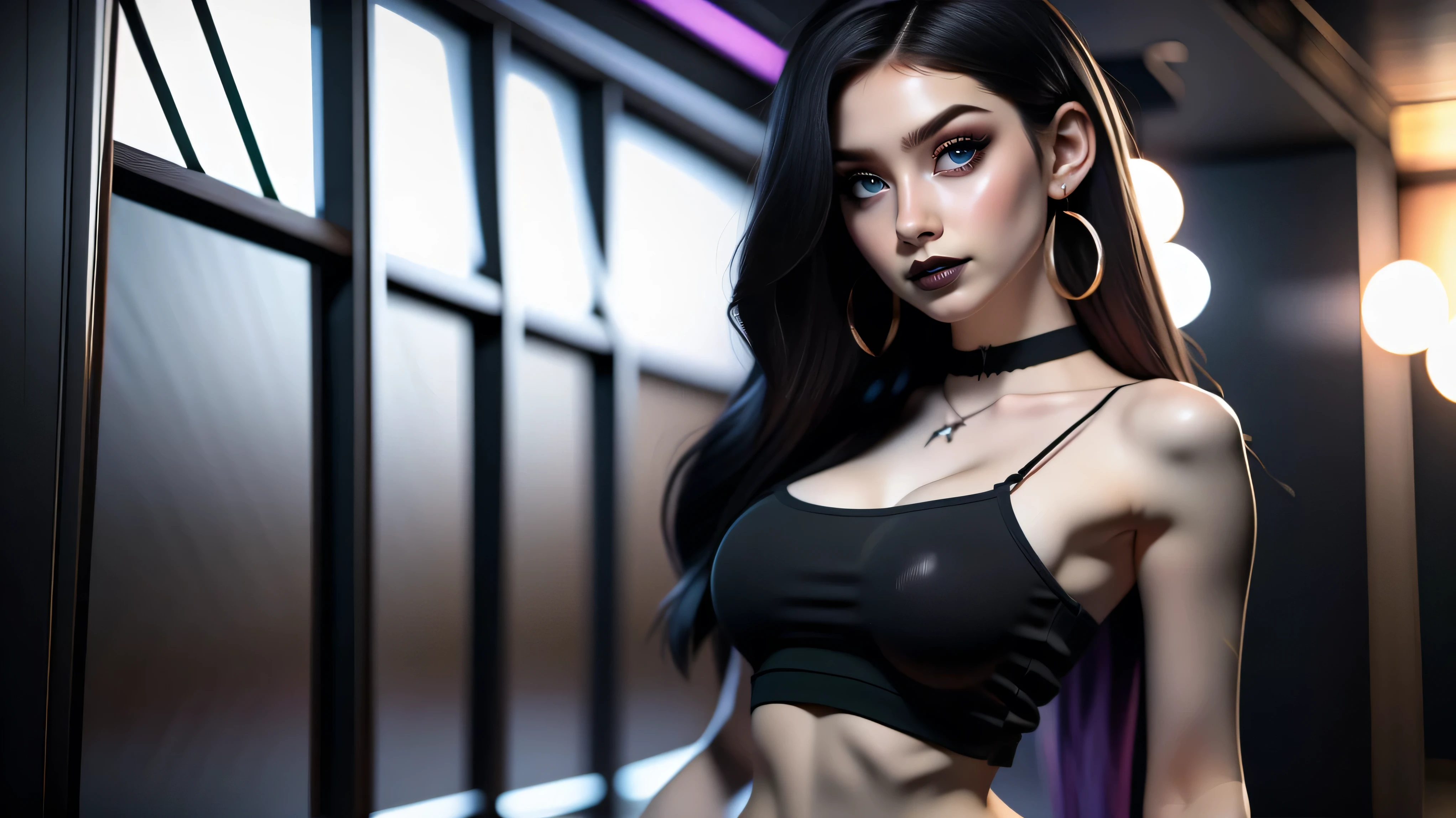 Best quality, 3d rendering work, 3DMM style, Close-up, Portrait,3D, 1girll, only, Black hair, earrings, looking at the camera, Realistic, Thin hips, Full body, thigh to head shot, ((sexy)), ((goth)), (panties), standing in front of a nightclub, city street, bangs, looks away, Long straight black hair, full lips, choker necklace, Makeup, (Green eyes), Tifa Lockhart, (round breasts, full breasts), (Medium breasts: 1.1)