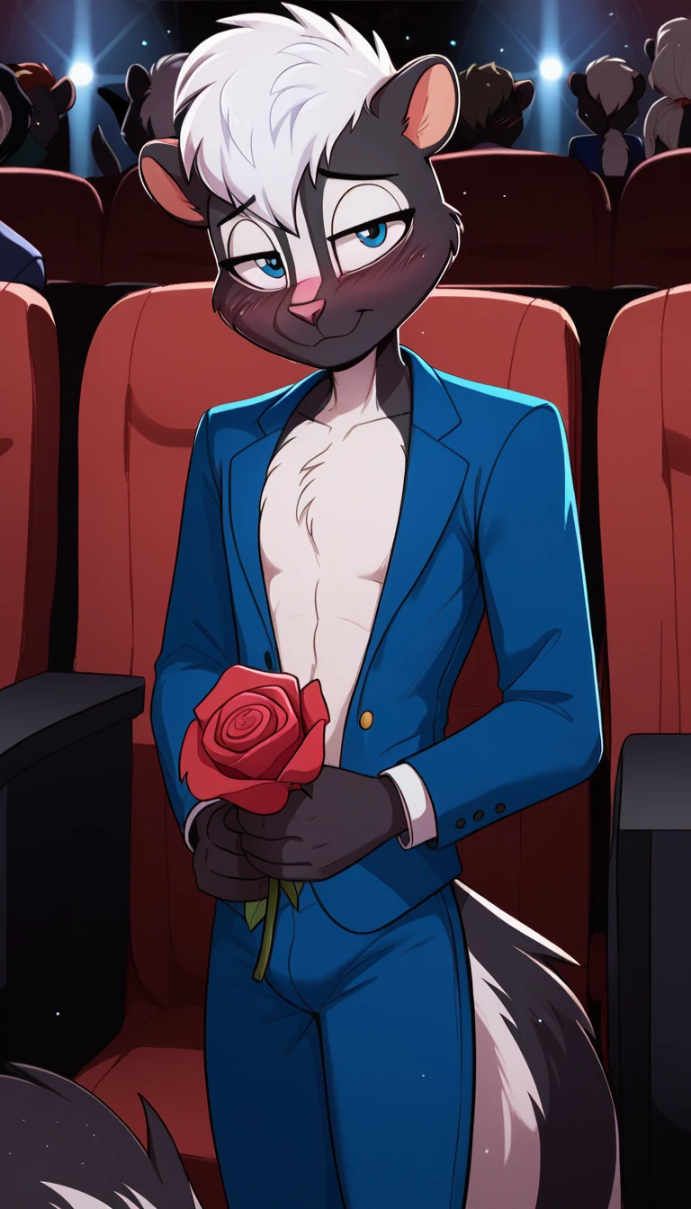 masterpiece, best quality, nervous expression, male, anthro, furry, black fur, fluffy fur, French striped skunk boy, gay furry, gay homophobic skunk, skunk ears, black nose, cute eyes, blue eyes, skunk tail, white hair, long stable hair, (white hair), solo, (theater), movie theater, detailed, big eyes, buff muscular chest, strong arms, blue tuxedo suit with blue tuxedo pants, holding a rose, shy, head tilt, married gay coupe, adult (30 years), flat chest, buff thighs, half-closed eyes, blush, looking at the viewer, standing, (kilinah), light particles, score_9, score_8_up, score_7_up, score_6_up, score_5_up, score_4_up