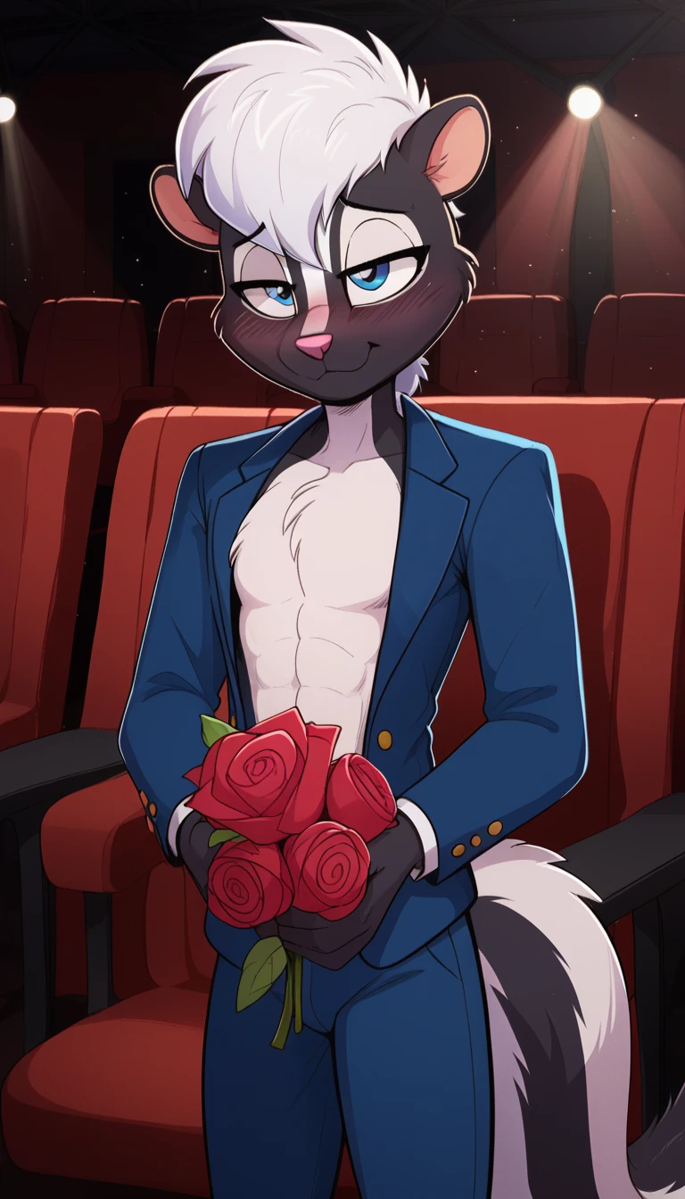 masterpiece, best quality, nervous expression, male, anthro, furry, black fur, fluffy fur, French striped skunk boy, gay furry, gay homophobic skunk, skunk ears, black nose, cute eyes, blue eyes, skunk tail, white hair, long stable hair, (white hair), solo, (theater), movie theater, detailed, big eyes, buff muscular chest, strong arms, blue tuxedo suit with blue tuxedo pants, holding a rose, shy, head tilt, married gay coupe, adult (30 years), flat chest, buff thighs, half-closed eyes, blush, looking at the viewer, standing, (kilinah), light particles, score_9, score_8_up, score_7_up, score_6_up, score_5_up, score_4_up