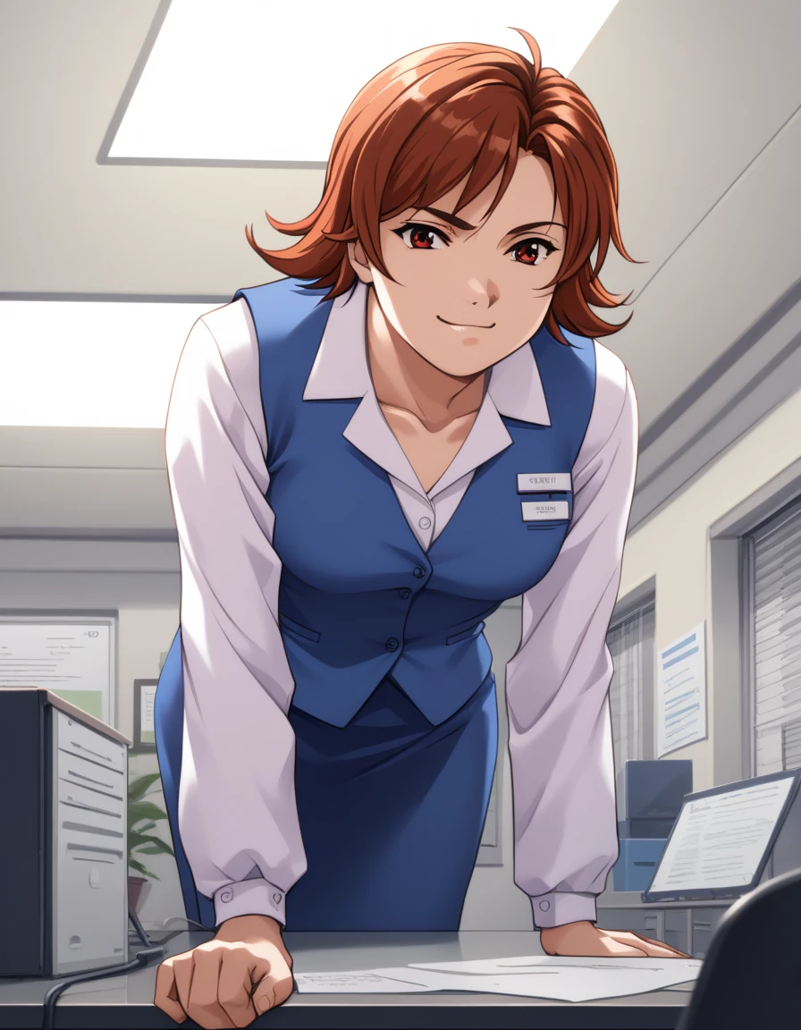  score_9,  score_8_up,  score_7_up, Suehiro, Blue vest,  dress shirt,  blue skirt
1 girl, Alone,  Leaning Forward ,  smirking , machine,  office, ceiling light