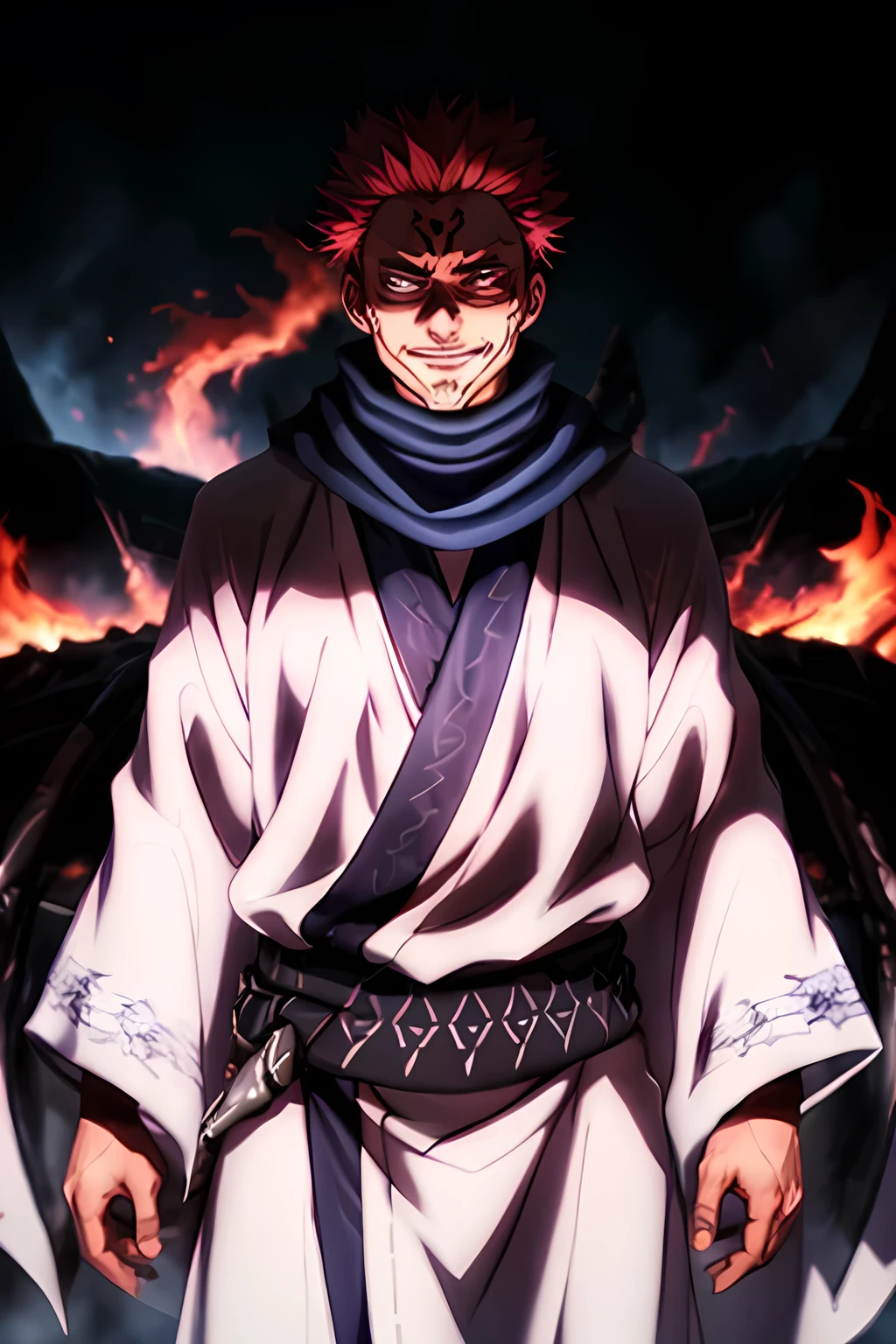 (masterpiece), best quality, expressive eyes, perfect face，RyomenSukuna,1man, blue scarf,japanese clothes,white kimono,wide sleeves,long sleeves, obi, tabi,zouri,Evil smile, fire light, flames in eyes background