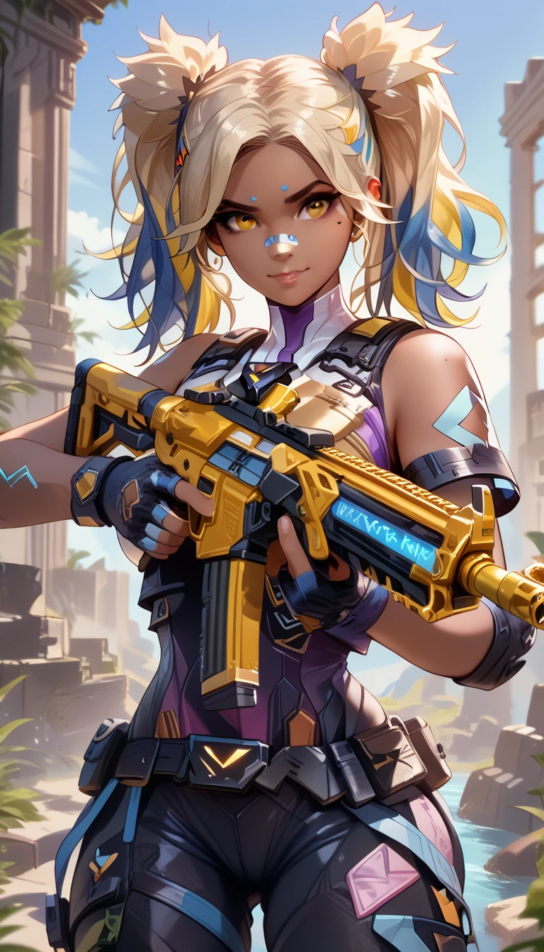 ultra-detailed, 1girl, neon_valorant, ((masterpiece)), (best quality), (highres), 16K, dark skin, multicolored hair, blue hair, yellow hair, brown eyes, twintails, wearing tactical clothes, tactical belt, knee pads, black thong, busty body, large breasts and a beautiful ass, showcasing cleavage, legs, hips, (holding assault rifle), looking at viewer, smile, detailed face, detailed hair, detailed body, ruins background