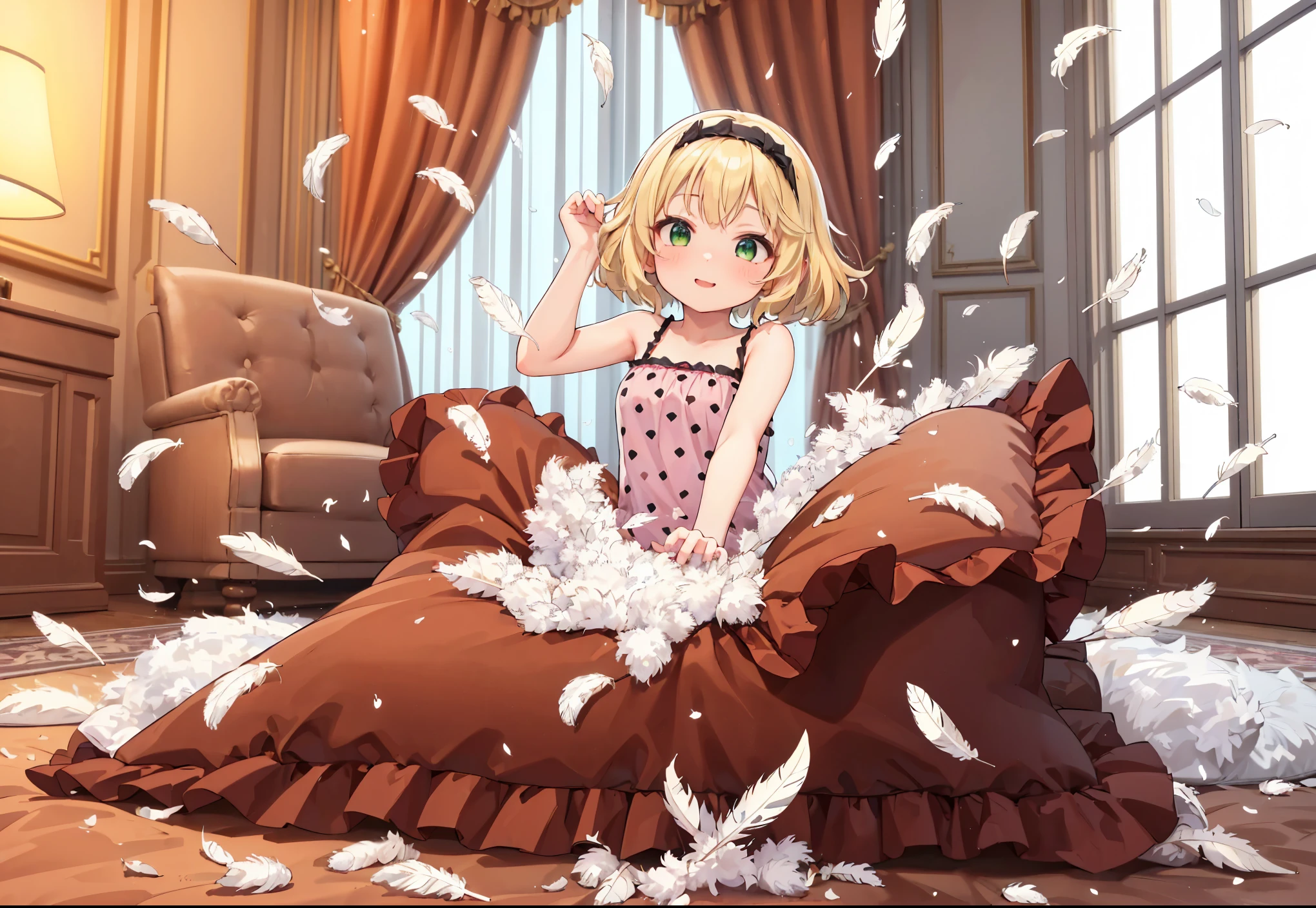 (best quality, masterpiece) , details, (Light and shadow oxtail) , Cute girl posing on pillow ,Pillow, Upholstered,Soft pillow,(Pillow),The love surrounding the protagonist,steam,(Luxury Pillow),(Gorgeous pattern pillow),luxurious pillow, standing,(Love around the protagonist),(pillow), frilled pillow , 1 pillow, standing on a top of pillow, on pillow, big pillow, fluffy pillow, pillow damage, stomping pillow, stomping, pillow on floor, stepping on pillow, posing on top pillow, full body, pillow on floor, (((feathers))), pillow destroy, ripping pillow, tearing pillow in half, feathers everywhere, cotton, stuffing pillow, sakurai_momoka_theidolmastercinderellagirlsu149, blonde_hair, hairband, short_hair, green_eyes, bangs, upper_body, smile, bow, open_mouth, wavy_hair