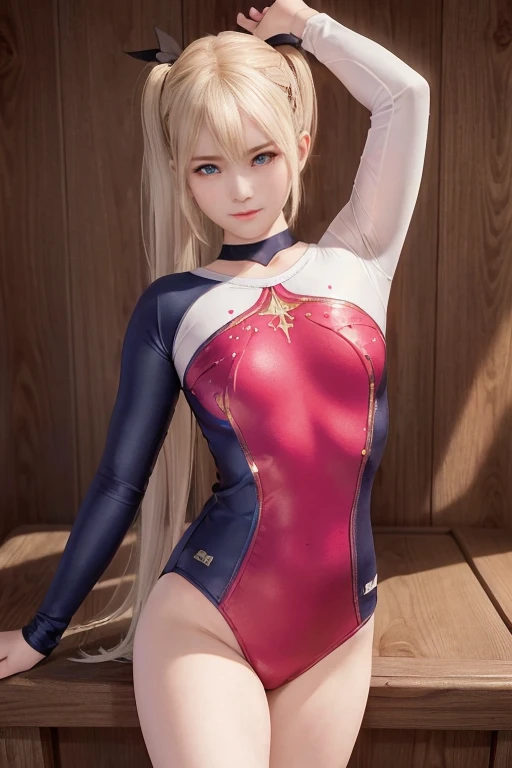 Marie rose, Blonde hair, Smirking smile, gymnast tight leotard, long sleeves, ((Best Quality, 8k, Masterpiece:1.3))), Crisp Focus: 1.2、(Layer Cut, Big:1.2),Beautiful Woman with Perfect Figure: 1.4、Slender Abs:1.2、Wet Body:1.5、Highly Detailed Face and Skin Texture, Detailed Eyes, Double Eyelids, Long Hair, (Unity 16K Wallpaper, masterpiece, Best Quality, high quality, Ultra-detailed, extremely details CG, Caustics, Cinematic lighting, Detailed, Beautiful face, detailed eyes, Solo, Oily skin, Ultra High Resolution, Fine skin, Strong lights, Photography, high resolution), ((Brighten the subject)),