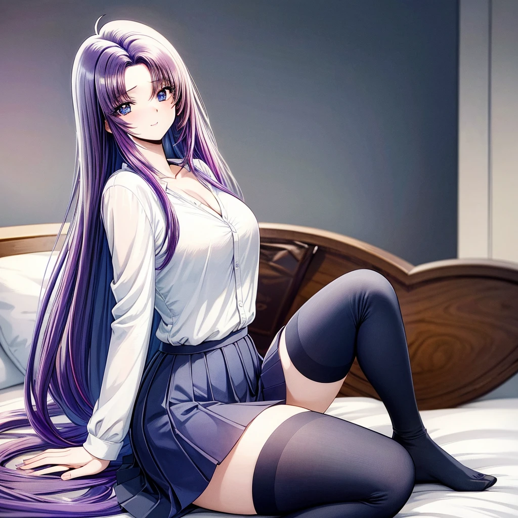 source_anime, high res image, masterpiece, best quality, highly detailed
clear skin, shiny hair,a dark haired anime character sitting on a bed with her skirt tucked up , 1girl, solo, blue eyes, purple hair, skirt, thighhighs, breasts, smile, sitting, cleavage, shirt, long hair, black hair, looking at viewer, white shirt, black thighhighs, pleated skirt, pillow, shirt tucked in, short sleeves, parted lips, bangs, blush, blue skirt, collared shirt, collarbone, on bed, yokozuwari,