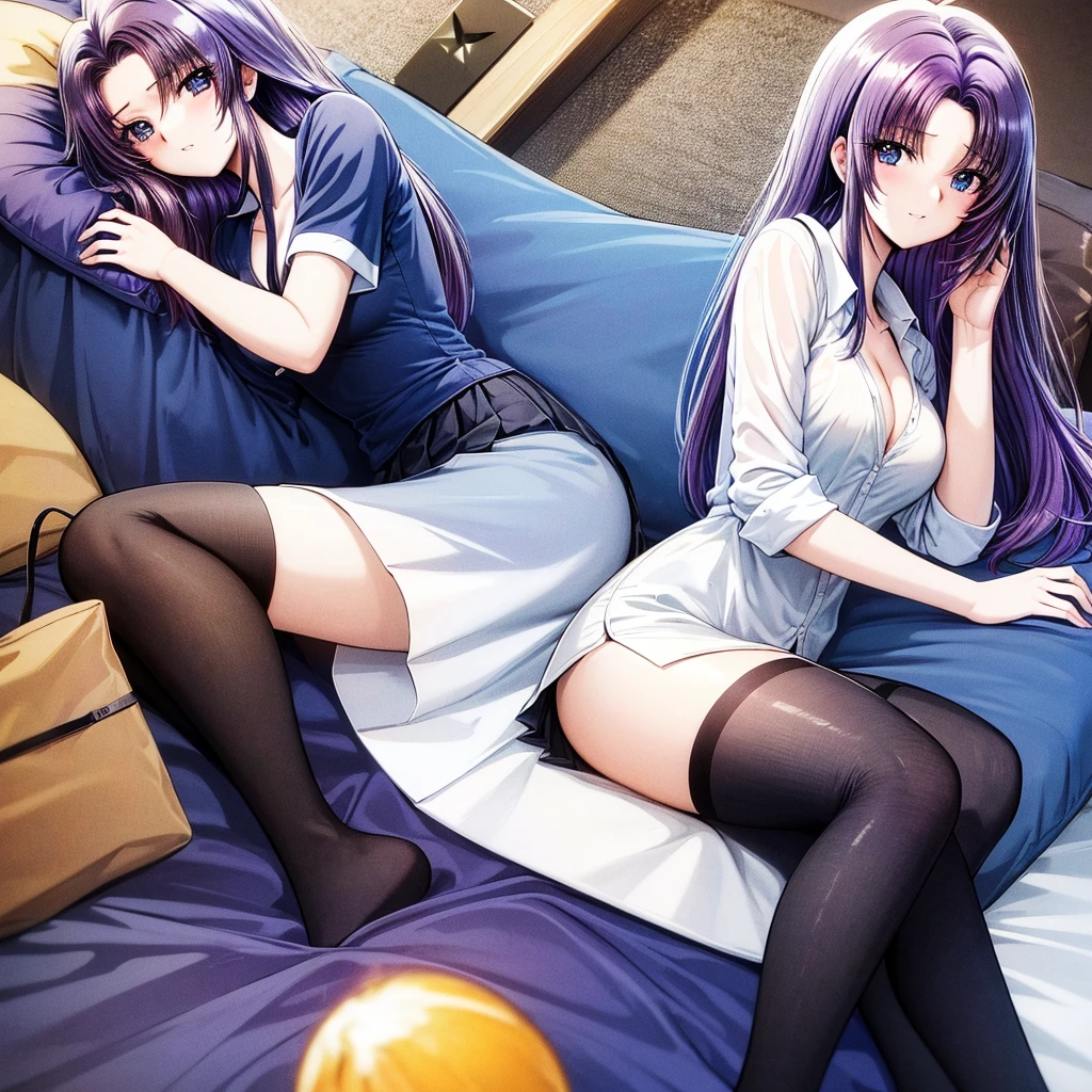 source_anime, high res image, masterpiece, best quality, highly detailed
clear skin, shiny hair,a dark haired anime character sitting on a bed with her skirt tucked up , 1girl, solo, blue eyes, purple hair, skirt, thighhighs, breasts, smile, sitting, cleavage, shirt, long hair, black hair, looking at viewer, white shirt, black thighhighs, pleated skirt, pillow, shirt tucked in, short sleeves, parted lips, bangs, blush, blue skirt, collared shirt, collarbone, on bed, yokozuwari,