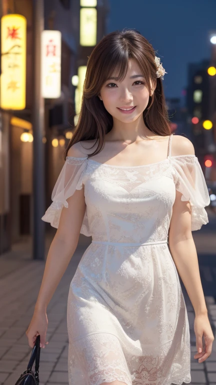 (skin blemish:1.2), (skindentation), black eye, 1woman, 25yo, (((woman))), solo, realistic, best quality, photorealistic, masterpiece, 8k, high res, solo, extremely detailed face, (professional lighting, bokeh), (light particles, lens flare, glowing particles:0.6), (dynamic pose:1.2), soft lighting, top angle view, fashionable and trendy atmosphere, japan, street, tokyo, harbour, skytree, tokyo tower,  ((daytime)), sky, ((looking at the viewer:1)), (looking at the camera),(portrait:0.6), cowboy shot, gorgeous, standing, keep original facial proportion, wide shoulder, full body, (medium breast), (medium hair), brown hair, floating hair, lips, lipstick, seductive smile, floating hair, smile, open_mouth, teeth, blouse, (flowery pattern summer dress:1), eyelashes, mole, (mole under eye:1),