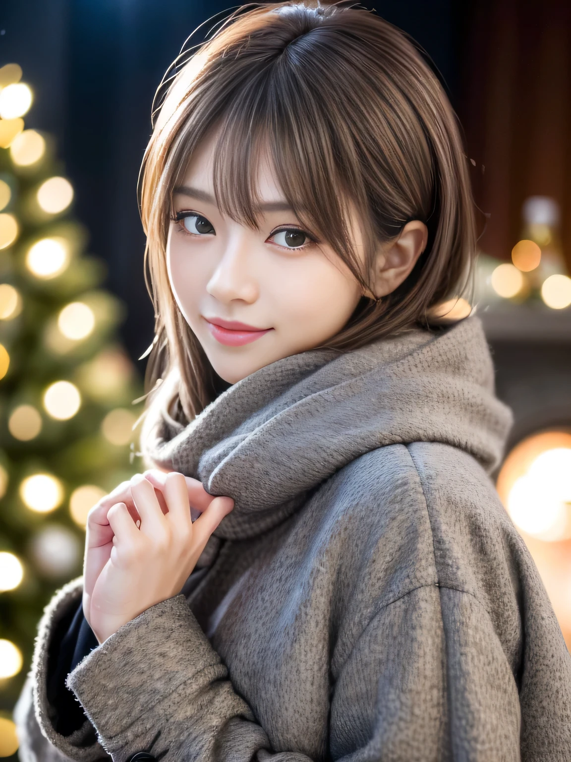 Attractive Japanese woman Pictures, Cute and sexy, masterpiece, best quality, ultra-detailed, intricately detailed hyperdetailed, realistic, sharp features, highly detailed, sharp focus, Realistic, Photorealistic:1.3, perfect face, perfect symmetrically eyes, perfect full lips, hyper detailed, hyper realistic, high resolution, Korean idol, fascinate, Beautiful Face, ((Gray overcoat:1.2)), light brown hair, Beautiful hairstyle, (winter scarf), (looking at viewer), (ISO800 135mm f1.8 1/160), blurred background, Well-rounded and pretty face, (seductive smile:1.2), (dynamic lighting), (In front of a big Christmas tree),