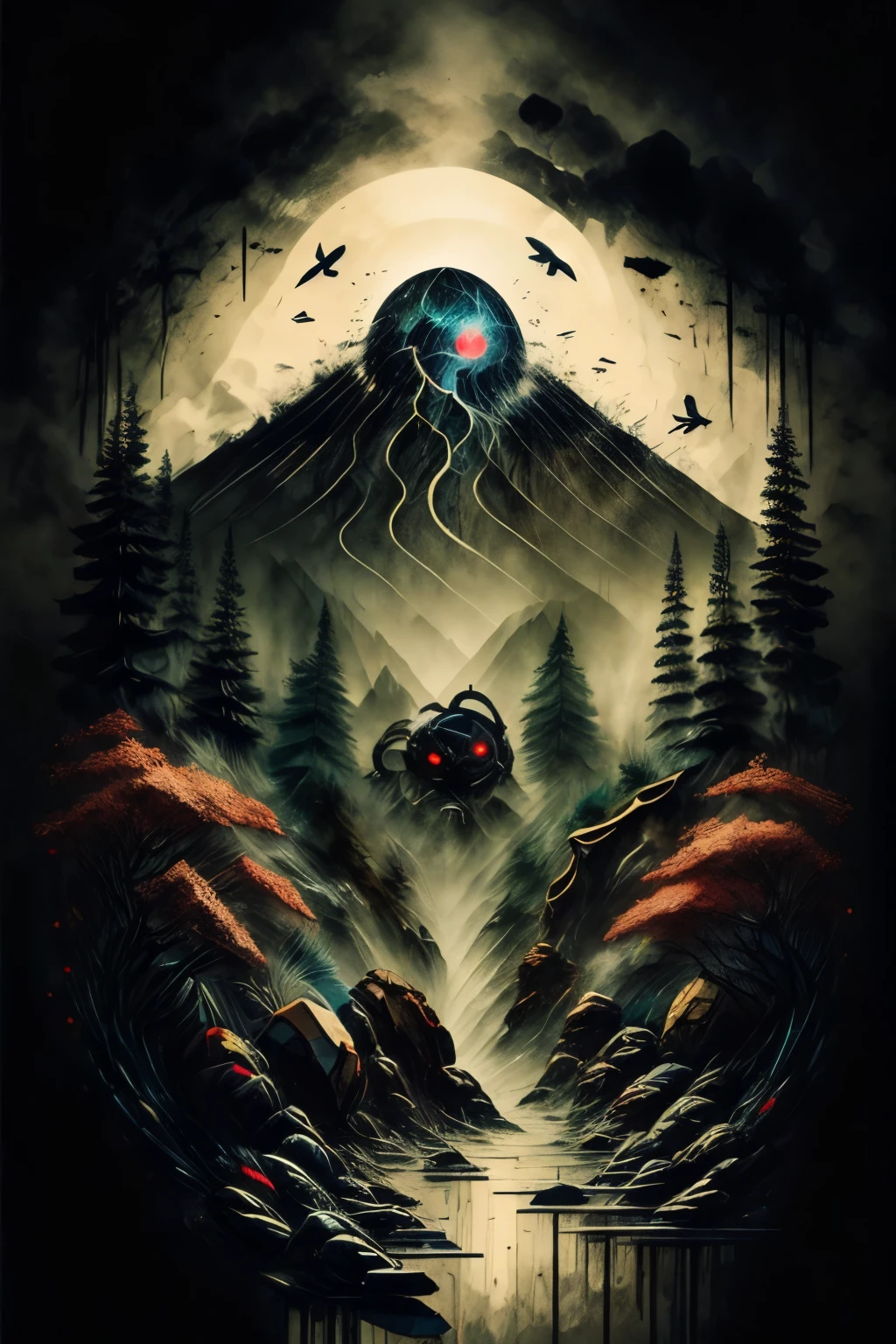 HUMAN BONES AND SKULLS STACKED IN A DARK, DARK FOREST AT NIGHT WITH MOONLIGHT, Clima denso, gothic horror vibes, arte de fantasia de terror, cores mortas