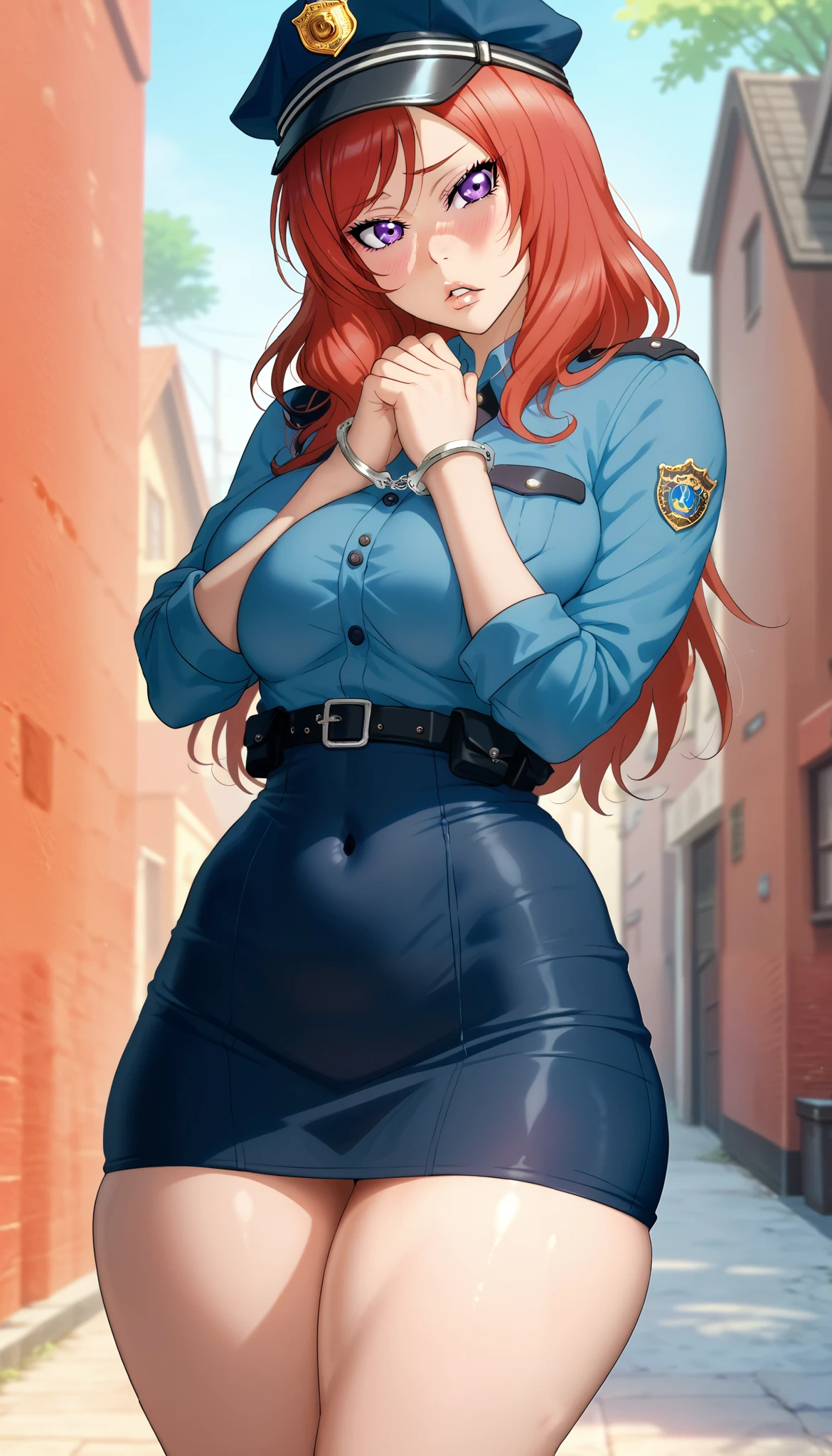 Female, Curvy body shape, Red hair, Bold geometric design, nishikino maki, sexual and bold posture, Outdoors, RUKIA Style,long hair, purple eyes,looking at viewer,seductive face,thin torso, narrow waist, police clothes,short skintight skirt, police cap,long girl, big breasts, parted lips, handcuffs,handcuffed hands, thighs together,head to side, hands tied together,shy blush, covered navel