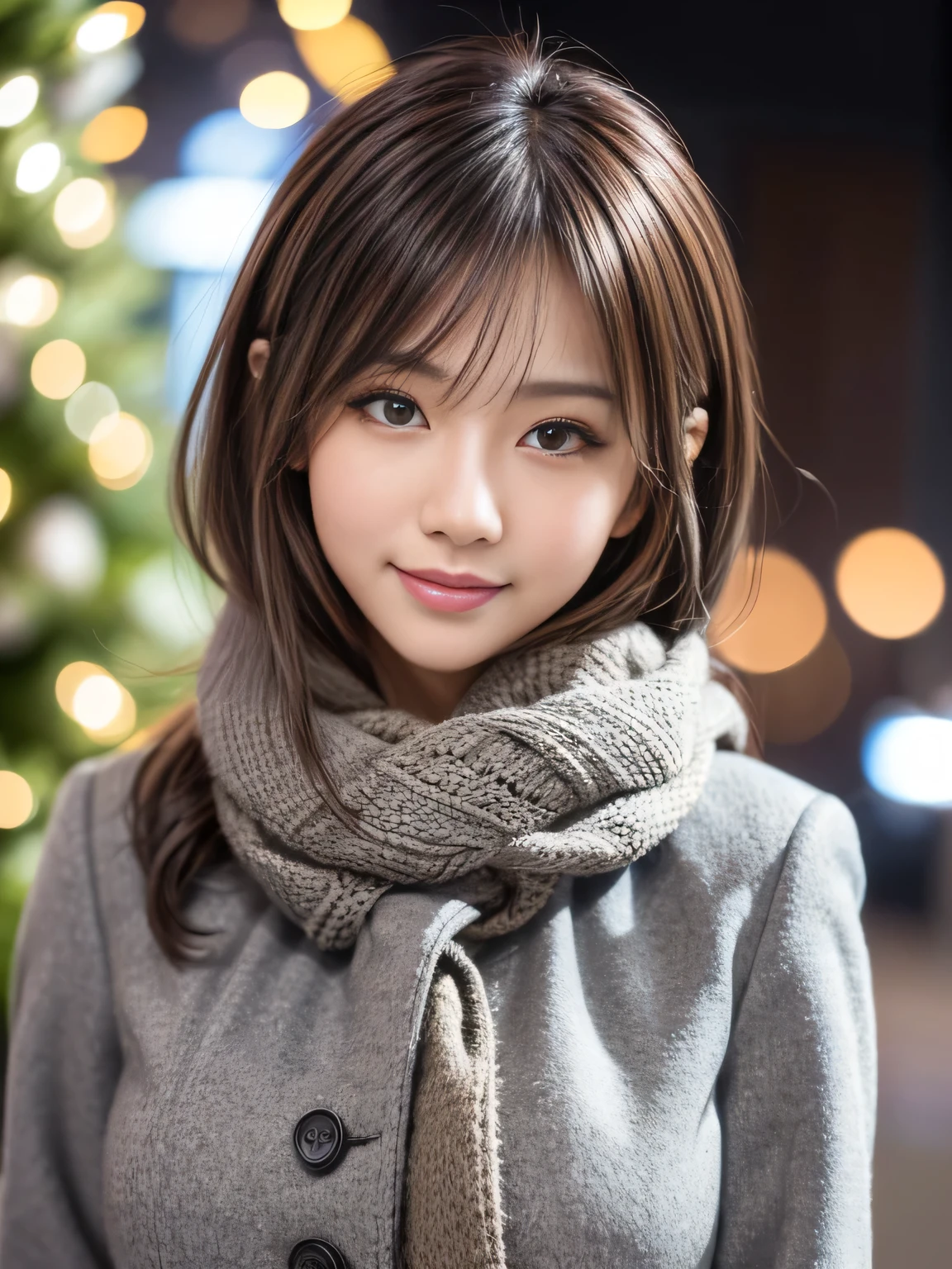 Attractive Japanese woman Pictures, Cute and sexy, masterpiece, best quality, ultra-detailed, intricately detailed hyperdetailed, realistic, sharp features, highly detailed, sharp focus, Realistic, Photorealistic:1.3, perfect face, perfect symmetrically eyes, perfect full lips, hyper detailed, hyper realistic, high resolution, Korean idol, fascinate, Beautiful Face, ((Gray overcoat:1.2)), light brown hair, Beautiful hairstyle, (winter scarf), (looking at viewer), (ISO800 135mm f1.8 1/160), blurred background, Well-rounded and pretty face, (seductive smile:1.2), (dynamic lighting), (In front of a big Christmas tree),
