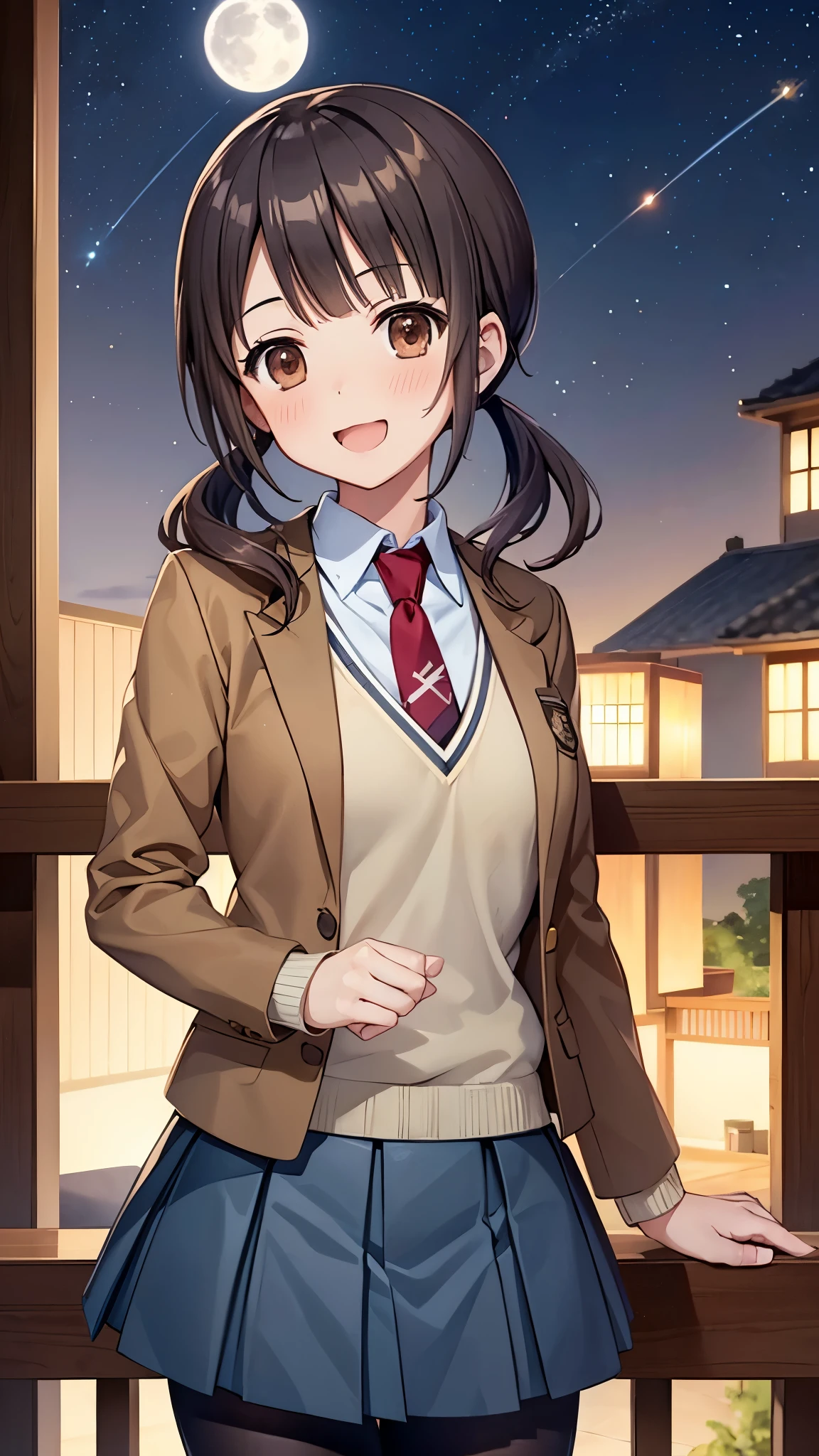 okitasawa, low twintails,brown jacket,(masterpiece, best quality) red necktie, yellow sweater vest, blue skirt, pantyhose,deep night sea,starry sky,torogao,upper body shot,red cheek,full moon, :d