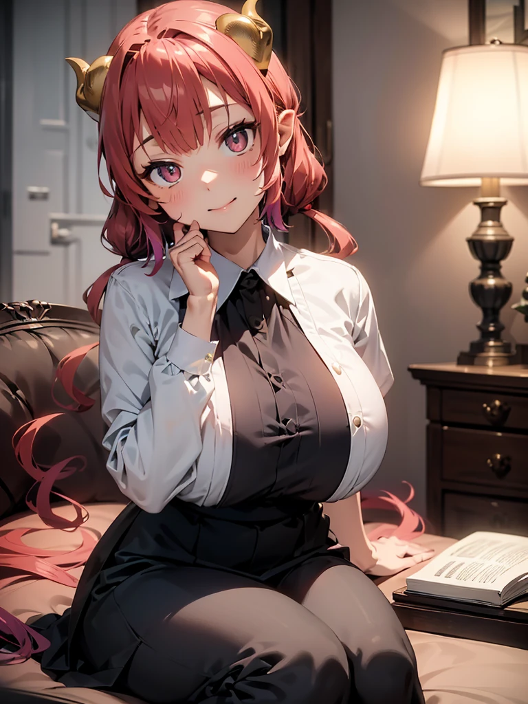 (​masterpiece, top-quality, hight resolution, Unity 8k, extremely details CG:1, Best Picture), 1girl, ilulu, horn, "A graceful and elegant young woman sitting in a softly lit interview room with a refined and professional atmosphere. She is dressed in a classy outfit, such as a tailored dress or a blouse paired with a knee-length skirt, accessorized with subtle jewelry to emphasize her sophisticated demeanor. The background includes tasteful furniture, a decorative lamp, and soft curtains, creating an atmosphere of elegance and warmth.
Her facial expression radiates poise and composure, with a serene smile and gentle eyes that convey maturity and intelligence. Her posture is perfect—straight-backed yet relaxed, with her hands gracefully folded on her lap. She speaks in a calm, melodic voice, exuding a natural charm and charisma that draws the attention of the interviewer and the viewers, making her seem like she was born for the role."