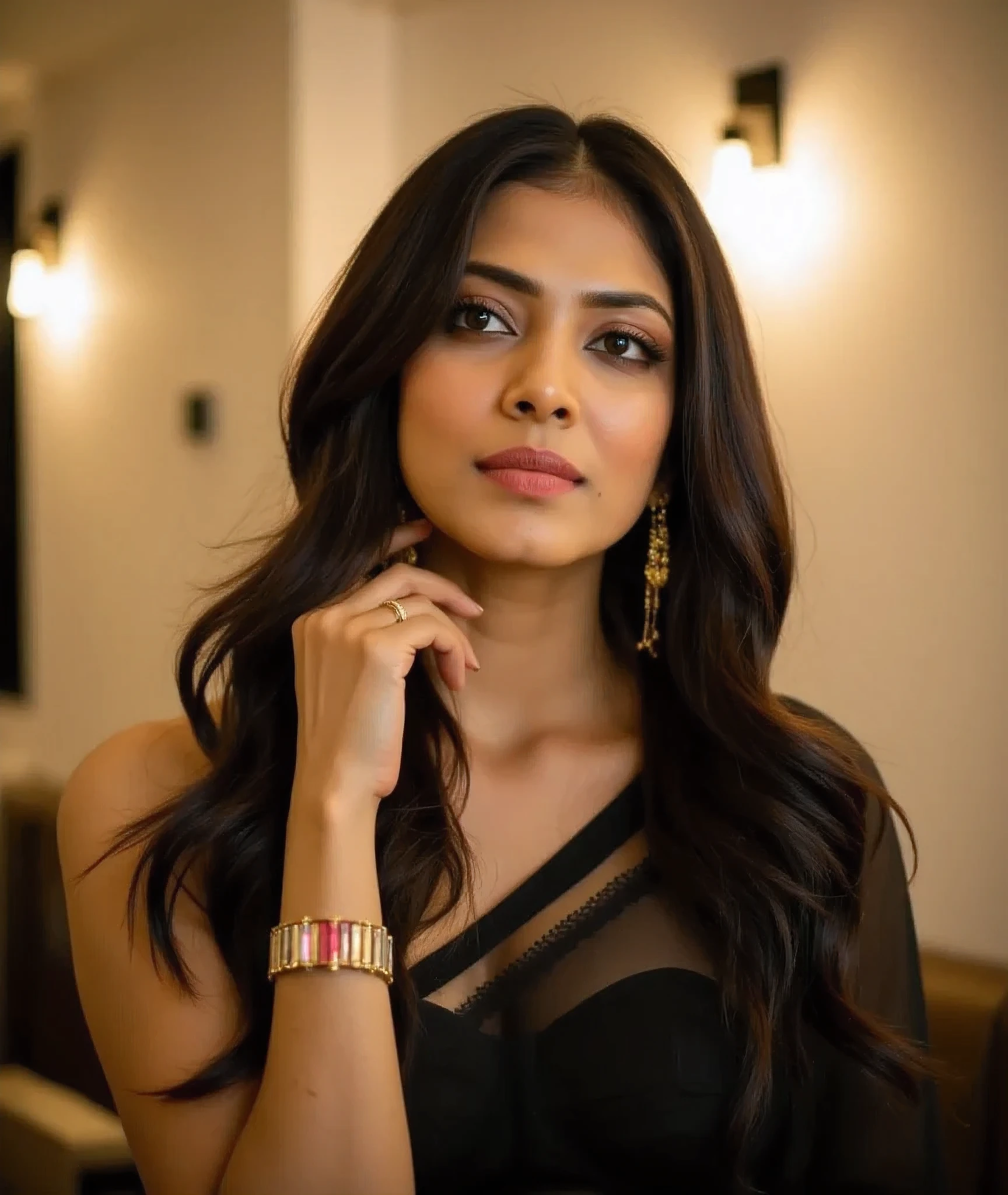 A dazzling shot of a woman with long dark brown hair standing, a black saree in a nicely warm and cozy lit cafe. Her eyes are wide open, and her lips are pink. and the woman's hair cascades over her shoulders,malavikam