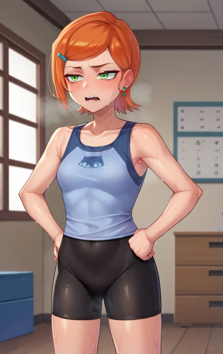 score_9,score_8_up,score_7_up,source_cartoon BREAK GwenSDXL,1girl,short hair, hair ornament, green eyes, earrings, hairclip, orange hair, swept bangs, cowboy shot,room, gym background, dark blue tanktop, black bike shorts, tight shorts, sweaty, exhuasted, tired expression, out of breath, hands on hips, open mouth, sweating perfously, steam coming out of mouth