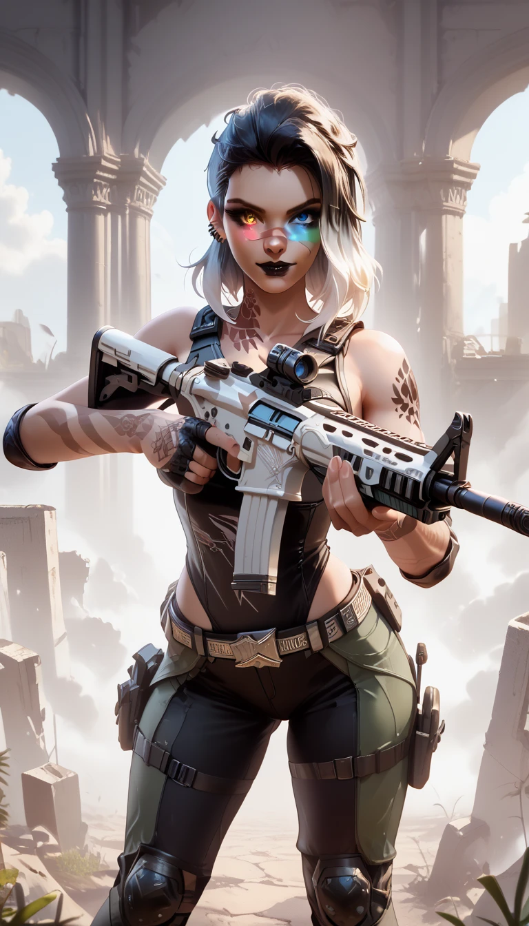 ultra-detailed, 1girl, fadeValo, ((masterpiece)), (best quality), (highres), 16K, heterochromia, black hair, white hair, multicolored hair, black lips, undercut, tattoo, piercing, wearing tactical clothes, tactical belt, knee pads, black thong, busty body, large breasts and a beautiful ass, showcasing cleavage, legs, hips, (holding assault rifle), looking at viewer, smile, detailed face, detailed hair, detailed body, ruins background