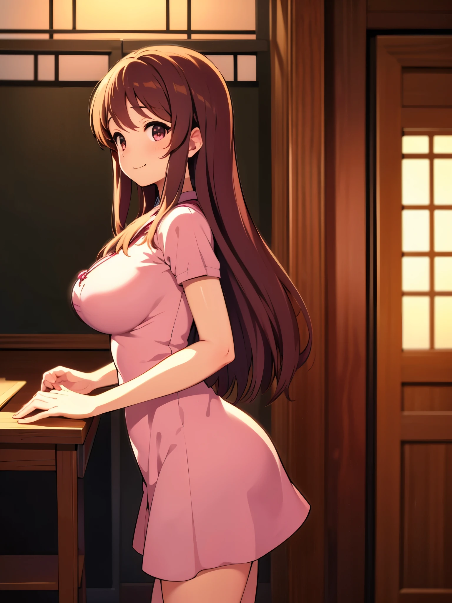 indoor, 1 female inside chinese room, from side, focus face1:2, wearing pink china dress, big breasts, sad, smile, break , break anime style, 8k, best quality, masterpiece, ultra high res, high nose1:3,