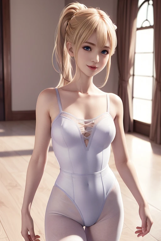 Marie rose, Blonde hair, Smirking smile, ballet tight leotard, white tights, ((Best Quality, 8k, Masterpiece:1.3))), Crisp Focus: 1.2、(Layer Cut, Big:1.2),Beautiful Woman with Perfect Figure: 1.4、Slender Abs:1.2、Wet Body:1.5、Highly Detailed Face and Skin Texture, Detailed Eyes, Double Eyelids, Long Hair, (Unity 16K Wallpaper, masterpiece, Best Quality, high quality, Ultra-detailed, extremely details CG, Caustics, Cinematic lighting, Detailed, Beautiful face, detailed eyes, Solo, Oily skin, Ultra High Resolution, Fine skin, Strong lights, Photography, high resolution), ((Brighten the subject)),