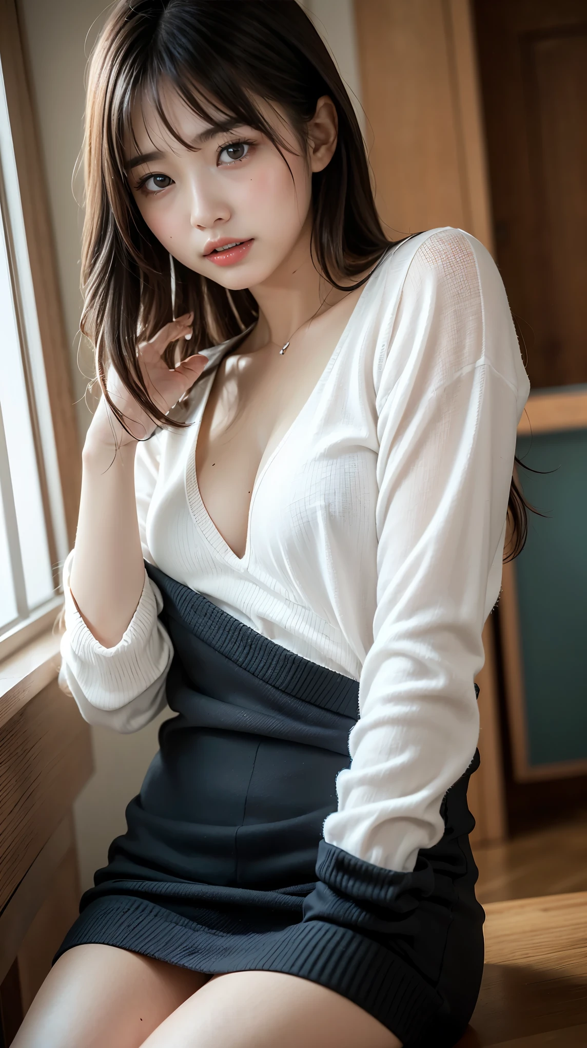(Japanese Office Lady、25 year old Japanese woman:1.2)、One Woman、Very beautiful woman、(Checked business suit、Gray business suit、Suit skirt:1.3)、Black high heels、Detailed face、Detailed eyes、Beautiful Lips、Beautiful eyes、Semi-long hair、Black Hair、Smiling、Narrow Face、Thin face、Natural Makeup、Beautiful feet、Simple earrings、At the company office、Office with desks and chairs、Office with big windows、Woman walking indoors、((RAW Photos、clear color photos))、Perfect proportions