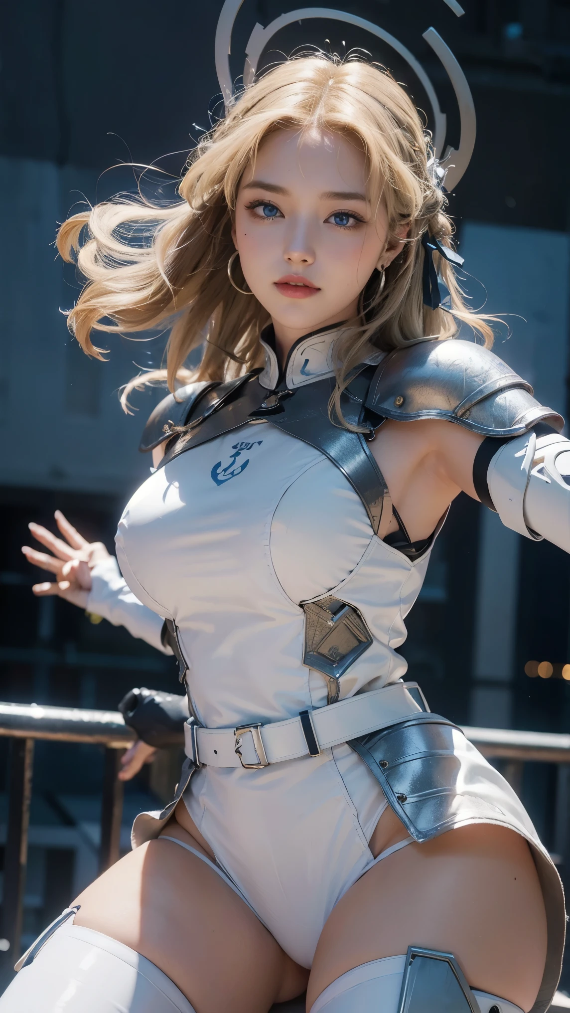 Asuma Toki,(best qualityer,4K,8k,high resolution,work of art:1.2)(weather: windy), Mondstadt castle background, castle garden, full knight armor, long medieval top, knight chest armor, elbow long arm guards, long blue medieval skirt, knight diadem, tight pants, rose embroidery, thigh high knight boots, necklace, loop earrings, cheek mole, short wavy hair, blonde hair, ultra detailed, realistic,portraite,beautiful detailed blue eyes, glowing eyes,blush,beautiful detailed lips,extremely detailed eye and face, long eyelashes,sexly,average, large breasts,beaming smile, sexy smile,powerful girl, fighting pose, stunning curves, bright coloured,dramatic lighting, petals flying, knight spear,