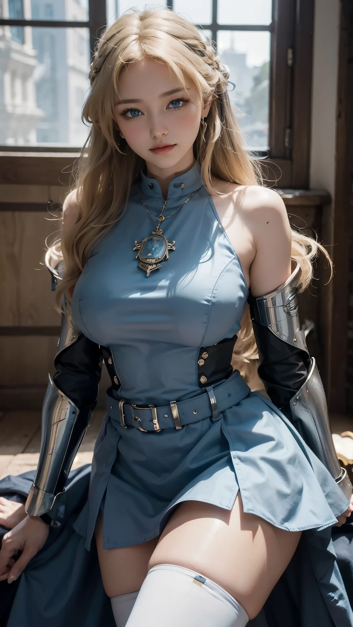 Asuma Toki,(best qualityer,4K,8k,high resolution,work of art:1.2)(weather: windy), Mondstadt castle background, castle garden, full knight armor, long medieval top, knight chest armor, elbow long arm guards, long blue medieval skirt, knight diadem, tight pants, rose embroidery, thigh high knight boots, necklace, loop earrings, cheek mole, short wavy hair, blonde hair, ultra detailed, realistic,portraite,beautiful detailed blue eyes, glowing eyes,blush,beautiful detailed lips,extremely detailed eye and face, long eyelashes,sexly,average, large breasts,beaming smile, sexy smile,powerful girl, fighting pose, stunning curves, bright coloured,dramatic lighting, petals flying, knight spear,
