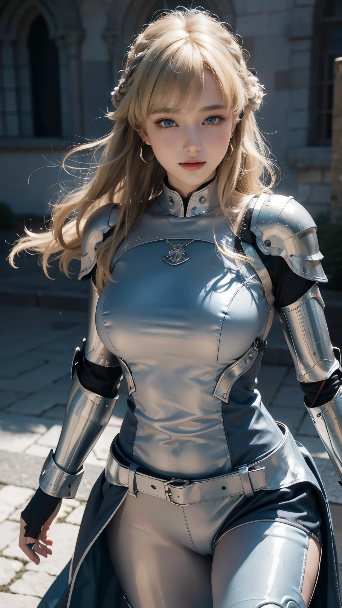 Asuma Toki,(best qualityer,4K,8k,high resolution,work of art:1.2)(weather: windy), Mondstadt castle background, castle garden, full knight armor, long medieval top, knight chest armor, elbow long arm guards, long blue medieval skirt, knight diadem, tight pants, rose embroidery, thigh high knight boots, necklace, loop earrings, cheek mole, short wavy hair, blonde hair, ultra detailed, realistic,portraite,beautiful detailed blue eyes, glowing eyes,blush,beautiful detailed lips,extremely detailed eye and face, long eyelashes,sexly,average, large breasts,beaming smile, sexy smile,powerful girl, fighting pose, stunning curves, bright coloured,dramatic lighting, petals flying, knight spear,