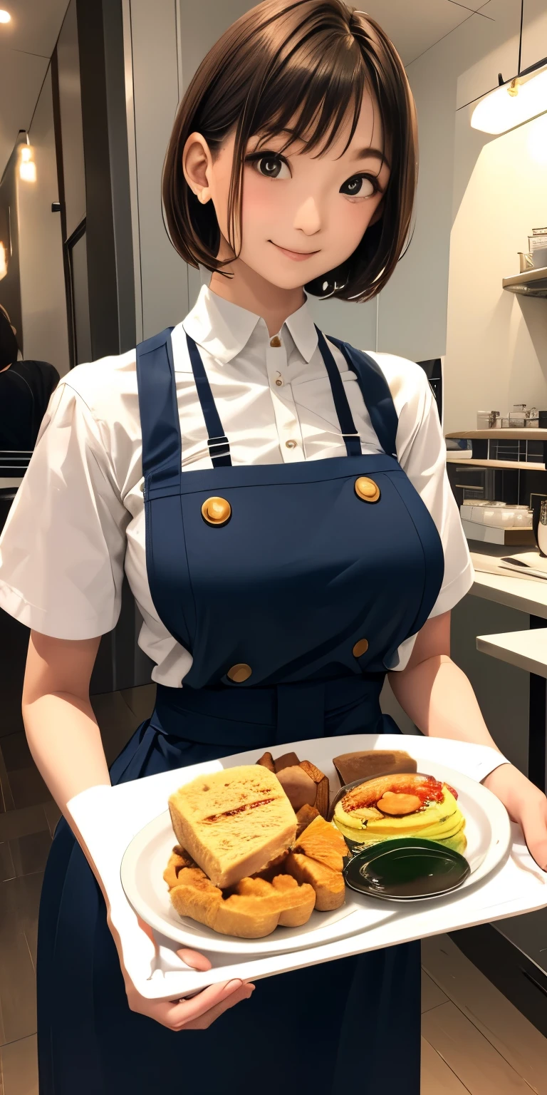 (((gigantic braests:1.2)))、((tight waist))、 (Open Cafe、Cafe staff)、Earrings、(Cafe uniform:1.5)、short hair、tray and coffee 、They hesitate,、Wet Hair,  Underarm,, (High color saturation:1.0),  (Very detailed肌), (Please redeem:1.0), (Ultra-high resolution:1.0) ,(Realistic:1.0), (Very detailed:1.0), (8k, RAW Photos:1.1)、Center of chest、Spread your legs、(Front View)、Brown Hair、slender、Serving customers