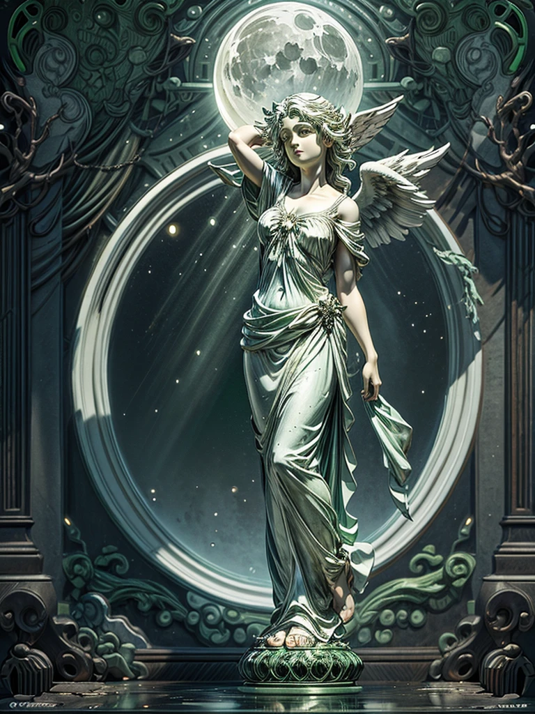 Statue of an angel holding a green glass jar with moonlight in the background