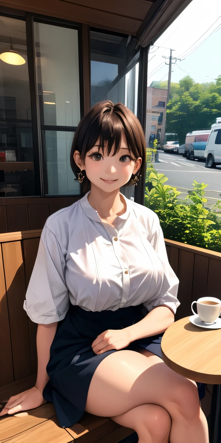 (((gigantic braests:1.2)))、((tight waist))、 (Open Cafe、Cafe staff)、Earrings、(Cafe uniform:1.5)、short hair、tray and coffee 、They hesitate,、Wet Hair,  Underarm,, (High color saturation:1.0),  (Very detailed肌), (Please redeem:1.0), (Ultra-high resolution:1.0) ,(Realistic:1.0), (Very detailed:1.0), (8k, RAW Photos:1.1)、Center of chest、Spread your legs、(Front View)、Brown Hair、slender、Serving customers