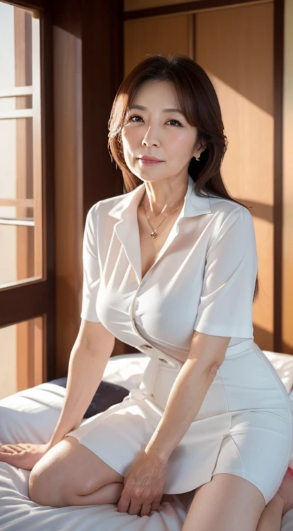 Beautiful mature Japanese woman aged 55, Married women, Fine Lines, Long eyelashes, Sparkling eyes, Low Ponytail, Red lipstick, elegant, Great body, Sexy open chest shirt, Slit Skirt, Pearl Necklace, photograph, Sensual pose, Browsing Caution