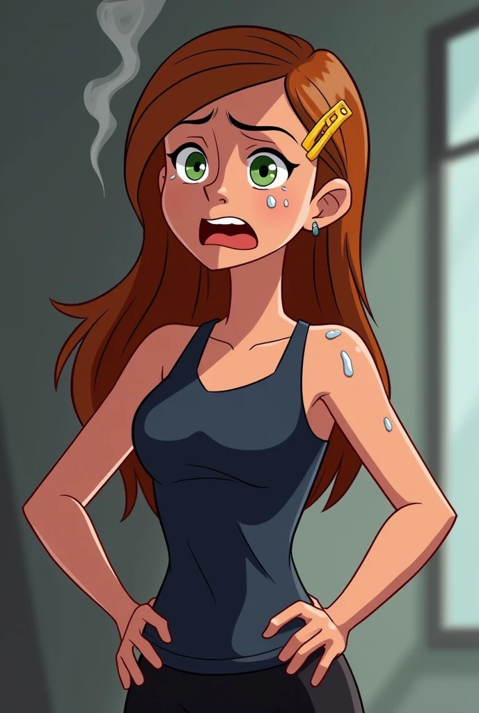 Gwen Tennyson, An animated cartoon image of a woman with long brown hair. 1girl, hair ornament, green eyes, earrings, hairclip, cowboy shot,room, gym background, dark blue tanktop, black bike shorts, tight shorts, sweaty, exhuasted, tired expression, out of breath, hands on hips, open mouth, sweating perfously, steam coming out of mouth