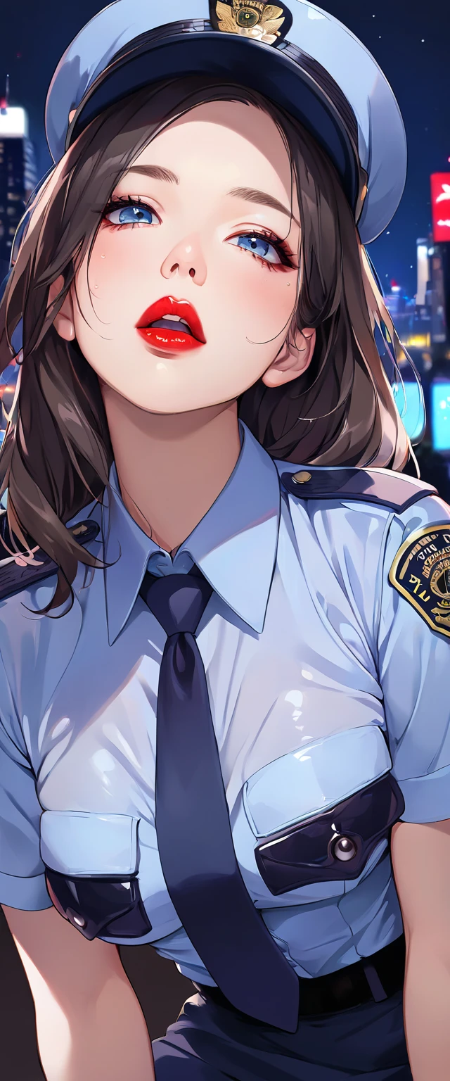 Alone, ( police uniform, Police Officer),  stockings, Citylights, ( watching the audience: 1.3), lips apart,  red lips, shiny skin,  dents on the skin ,  top quality,  super high resolution