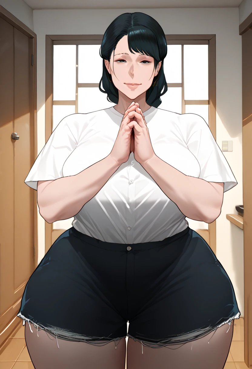 Female,milf,mature,black hair,gigantic boobs,gigantic ass,Medium straight hair,white plain shirt,short sleeve,shorts,house door,front view,sorry face,pray hands,bang,