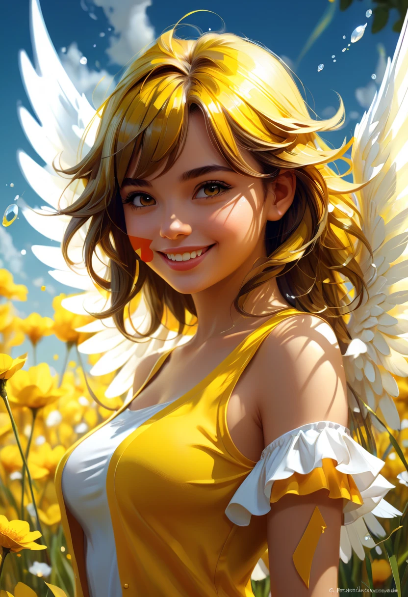 sexy and beautiful woman with half of her body as an angel and the other remaining half as let&#39;s kiss,majestat boskośc lazurowe niebo,piękna kobieca twarz modelki . widok od dołu body widok od dołu smile (extremely detailed CG unity 8k wallpaper), (masterpiece), (best quality), (ultra-detailed), (best illustration), (best shadow), (absurdres), latina girl, sweat, steam, medium breast, nsfw, looking at viewer, light smile,here is a digital painting in a white and amber field, 4k highly detailed digital art, 4k detailed digital art, detailed fantasy digital art, digital art 4k unsettling, surrealistic digital artwork, beautiful digital artwork, 3d digital art 4k, intricate digital painting, epic surrealism 8k oil painting, mind-bending digital art,czarne krótkie potargane włos smiling girl fotorealizm błyszcząca skóra , czarne krótkie poszatpane włosy seductive look,there is a digital painting a yellow and white field, 4k highly detailed digital art, 4k detailed digital art, detailed fantasy digital art, digital art 4k unsettling, surrealistic digital artwork, beautiful digital artwork, 3d digital art 4k, intricate digital painting, epic surrealism 8k oil painting, mind-bending digital art,masterpiece, best quality, (extremely detailed CG unity 8k wallpaper), (best quality), (best illustration), (best shadow), absurdres, realistic lighting, (Abyss), beautiful detailed glow, art by PeterMohrBacher,rafed image of a woman a yellow shirt, realistic anime 3 d style, cute detailed digital art, anime styled 3d, 3 d character art, adorable digital painting, cartoon art style, fotorealistic style 4 k, cute digital art, anime style. 8k, fanart, beautiful digital artwork, for hire 3d artist, lazurowe niebo