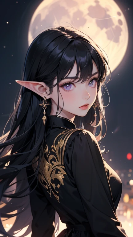 1girl, masterpiece, best quality, highly detailed, illustration, shadowheart, black hair, circlet, long hair, braided ponytail, braid, green eyes, elf, pointy ears, outdoors, sitting, blanket, night, stars, moon, nightgown, embarrassed