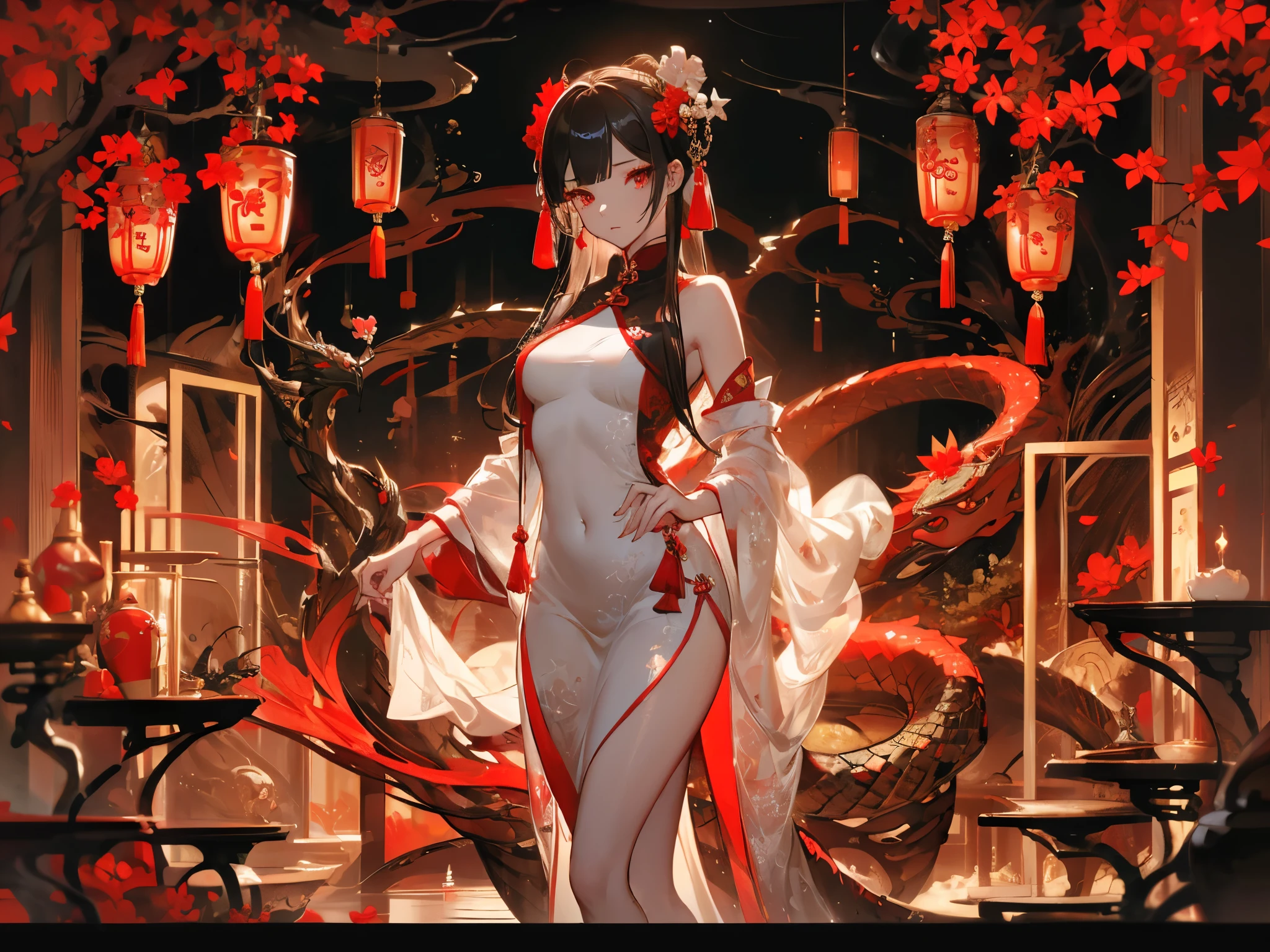 There are ghost horns on the head,Petite stature,loli,Small Breasts,Translucent cheongsam,The chest of the cheongsam is hollowed out to the navel,In Japanese garden,drink wine,Sex,beauty