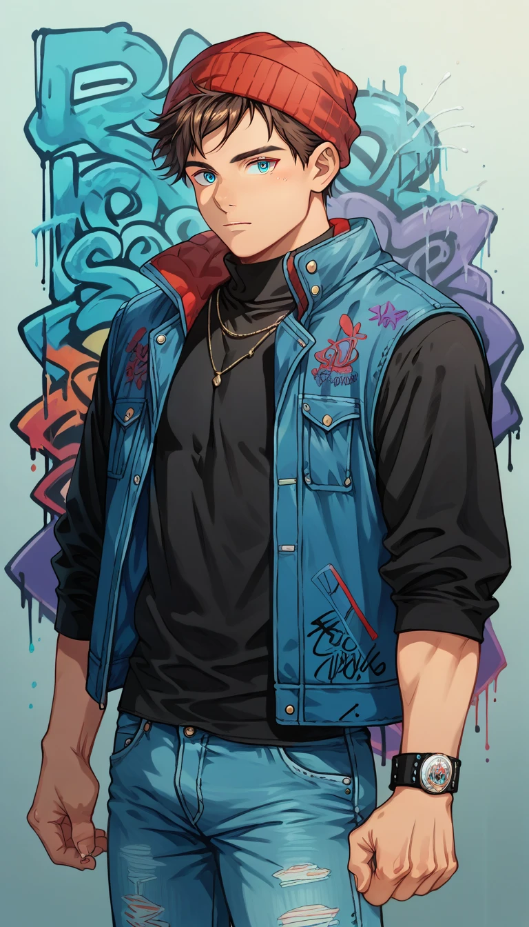 Solo ,human Male 20 Years ,Adolescent   , Brown Hair , wearing red  beanie , wearing dark blue denim vest  ,blue pupils ,Simple background, Black shirt ,Blacklight Graffiti Style,cool pose ,anime Style 