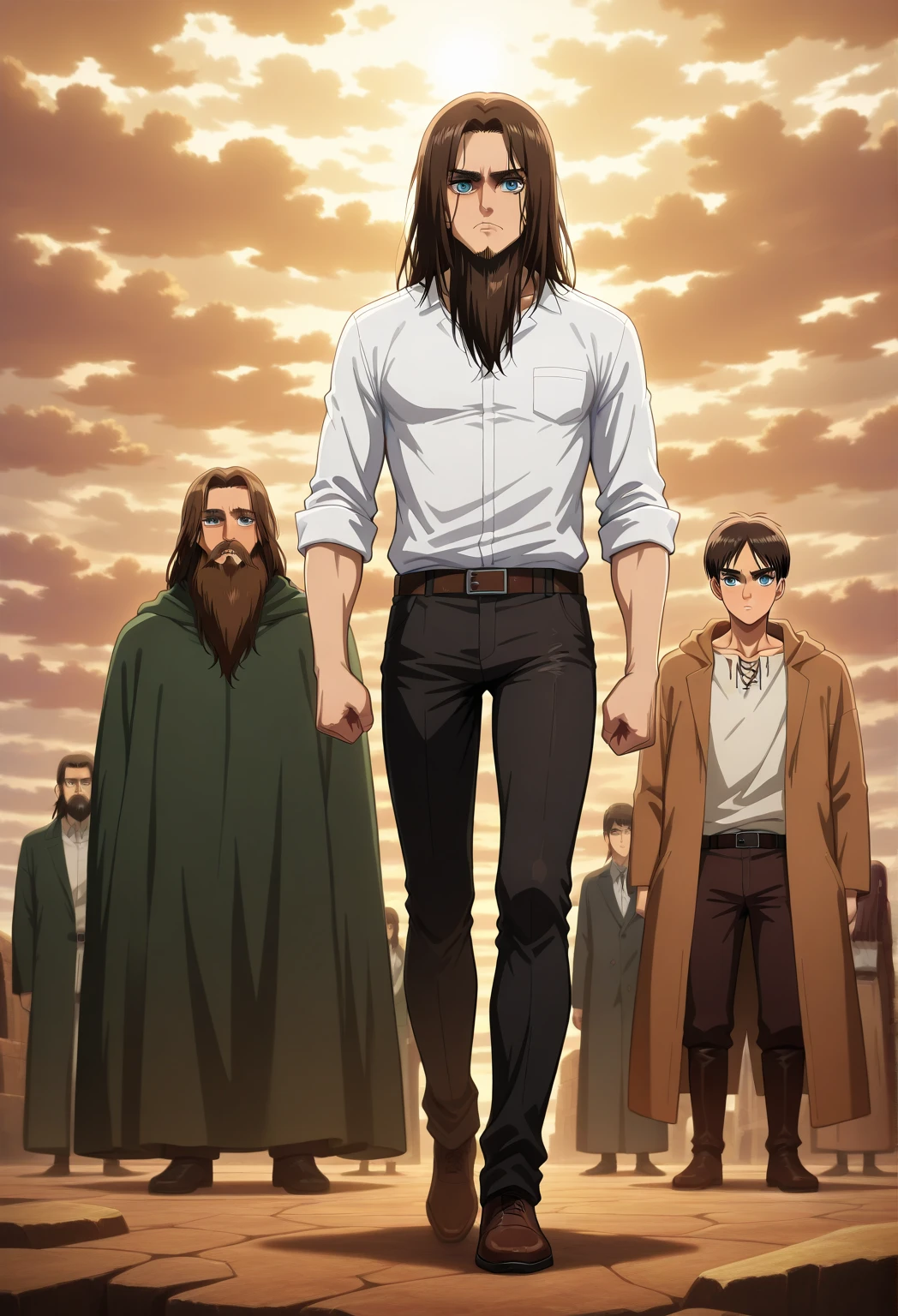 Eren Yeager S4 40 year old adult, with beard , medium long beard , On a thin beak, His eyes are grey, serious look,  dark brown hair  ,  medium long hair ,  white shirt rolled up ,  black pants , mesomorphic body,  anime style , attack on titan, type of animation map.  full body
