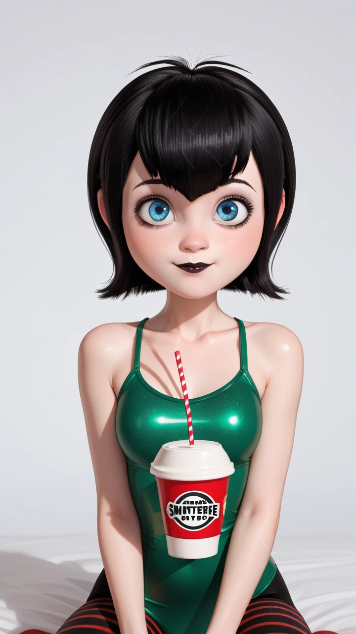 (  masterpiece ), ( best quality), (super detailed), ( short black hair), ( similar to Mavis , Hotel Transylvania), (1 )) ( Blue Eyes) , ((((green swimsuit)),Hanfu, ( looking at the audience, (interview), ( simple background ),  pretty and delicate eyes,  Delicate and beautiful face , (  high saturation  ), (Colorful glitter), Multicolored Bubbles, (glitter),  Drink coffee ,sitting 