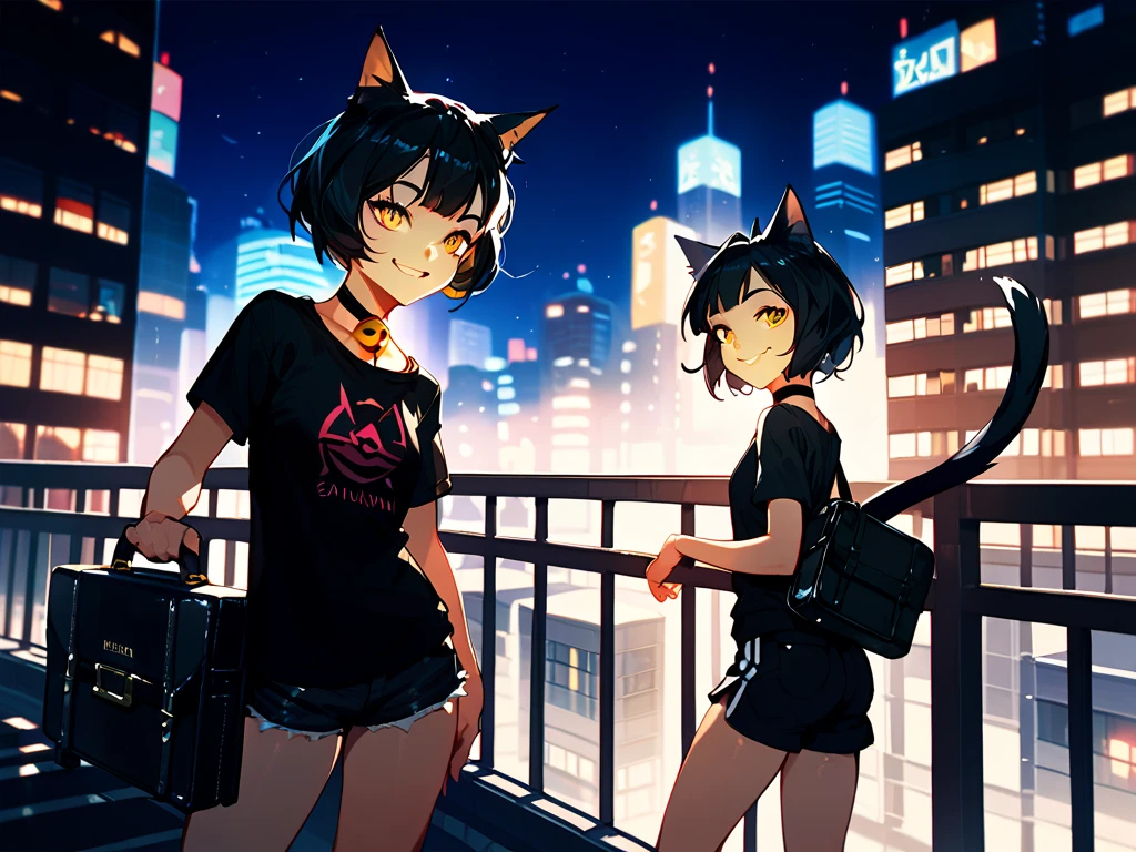 A Catgirl, black hair, golden eyes, choker with bell, black top and black shorts, with several severe scars on her arms and neck, smiling at the camera, with a black briefcase in her hand, standing on the ledge of a building in disrepair, looking at the horizon, at night. Anime style. Backlit