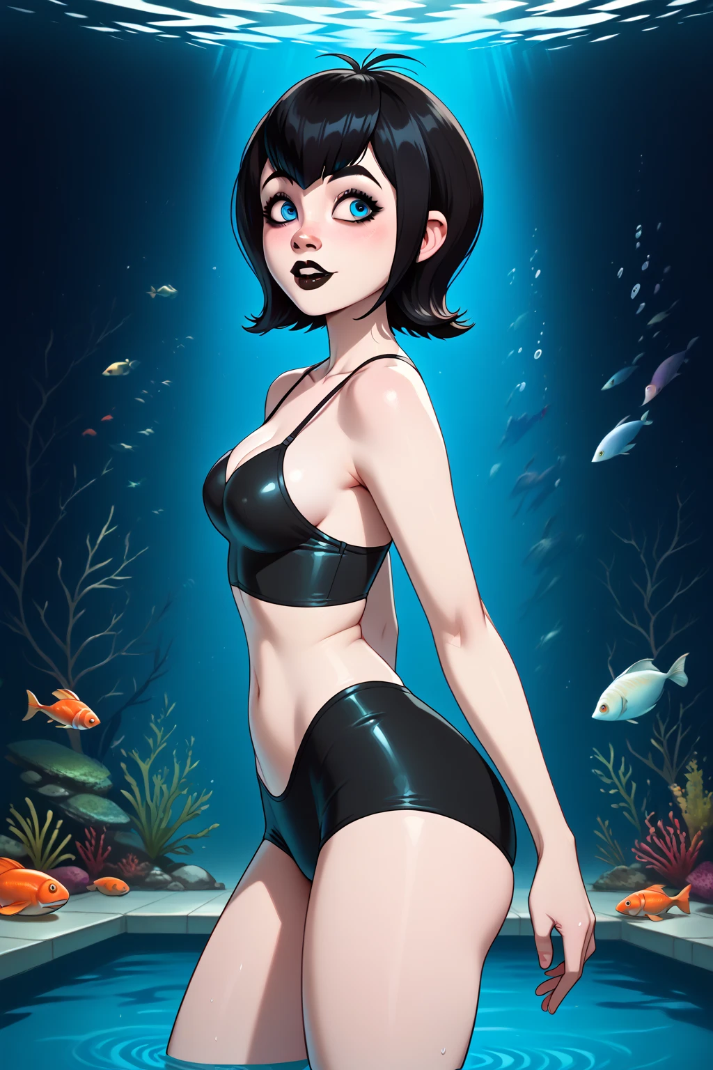 Mavis( Transylvania Hotel), short black hair, Black Lipstick, Blue Eyes, black bikini, thick thighs ,pose sexy, in an aquarium, Swim with the fishes ,details, perfect face, perfect body