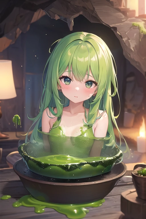 ((top quality, 8k, masterpiece: 1.3, ultra hd, high quality, best quality, high definition, realism)), sharp focus: 1.5, Beautiful girl with a petite and thin body, green hair, Tight clothes that reveal her body shape And the shape of the nipple, Small breasts, Abs, Sexy and seductive pose On bathtub, bathtub  filled with cum, thighs wide open, pubic hair, The pubic shape looks detailed, Covered with cum