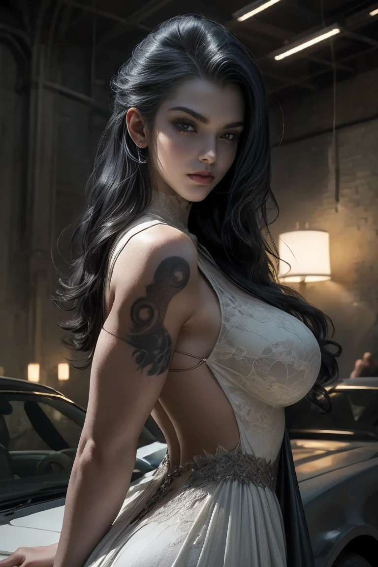 Create a hyper detailed photograph of a tattooed muscular young sexy kaiju , Stunningly perfect gorgeous face, perfect makeup, detailed vibrant neon sapphire eyes, long hair, big beautiful muscular legs, big beautiful muscular arms, big back muscles, perfect body, muscular abs, detailed smooth skin, big breast, big muscular ass, black lace dress, detailed realistic cyberpunk futuristic vehicle,