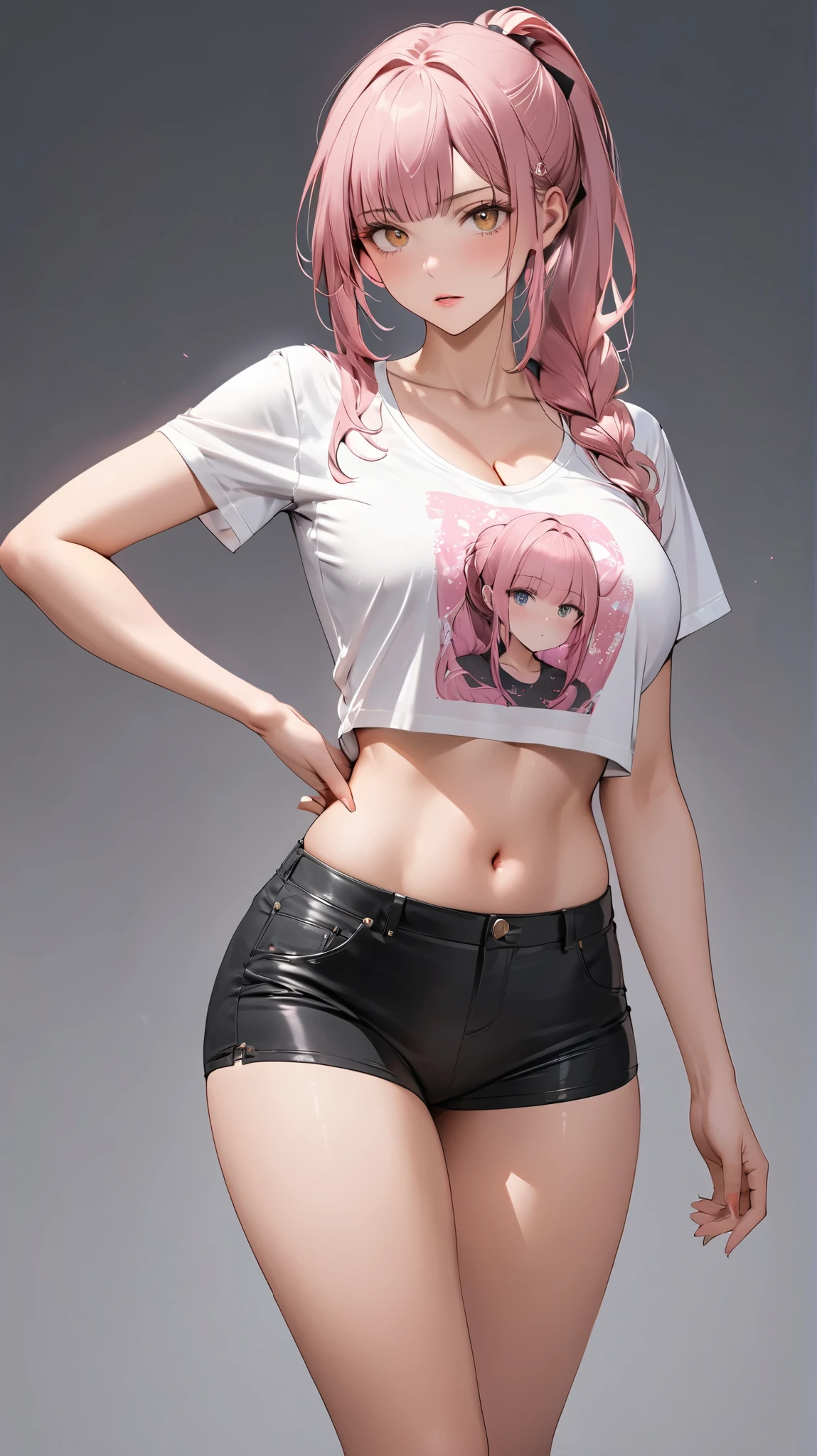 (masterpiece, best quality), intricate details, thin, ((slim)), beautiful girl, Light pink hair, light purple eyes, sharp jawline, Looking ahead , messy hair, lips, upper body, smirk, Full body, Blouse and panties