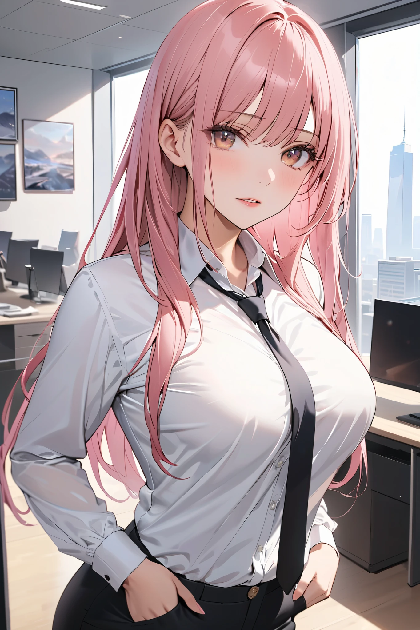 masterpiece, best quality, ultra detailed, sparkling eyes, A highly detailed anime-style illustration of a young woman with pink hair and golden eyes. She has a confident smile and blushes slightly. The woman has two dark brown horns curling from the sides of her head. Her hair is long and styled with loose waves. She is wearing a white, slightly translucent blouse that hints at her ample bust, paired with a red tie and black high-waisted pants. The setting is a bright, modern office with large windows allowing sunlight to flood the room. There are desks, office supplies, and computers visible in the background. The lighting highlights her hair and outfit, creating soft shadows.