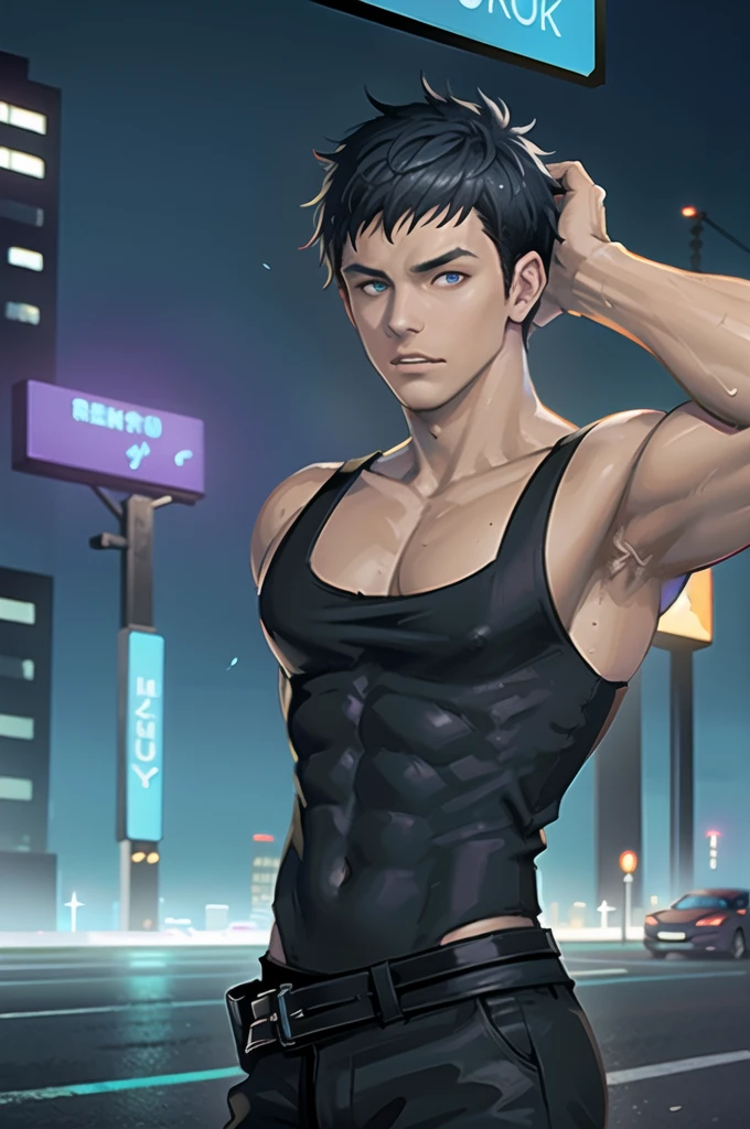 (masterpiece), (high quality:1.2), (best quality:1.2), sharp focus, a young man, short hair, athletic body, wearing ((squarecut tanktop)), (cyberpunk:1.2), cyberpunk theme background, neon lights, futuristic buildings, futuristic city, night scene, bisexual lighting, futuristic car near the person, 