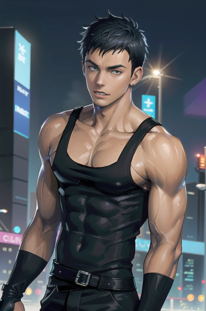 (masterpiece), (high quality:1.2), (best quality:1.2), sharp focus, a young man, short hair, athletic body, wearing ((squarecut tanktop)), (cyberpunk:1.2), cyberpunk theme background, neon lights, futuristic buildings, futuristic city, night scene, bisexual lighting, futuristic car near the person, 