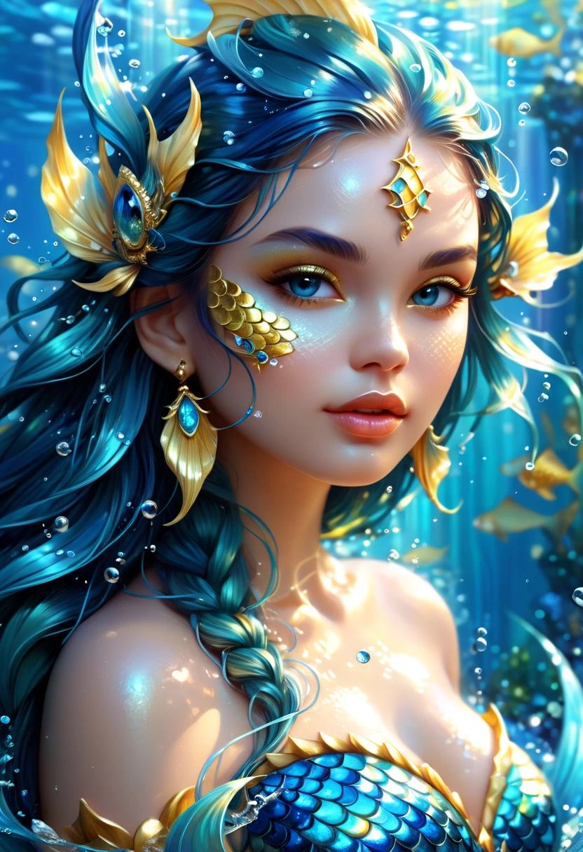 mermaid with blue and gold scales and a fish tail, karol bak uhd, beautiful mermaid, beautiful digital artwork, closeup fantasy with water magic, gorgeous digital art, portrait of mermaid warrior, beautiful art uhd 4 k, 3 d render character art 8 k, beautiful digital art, fantasy art behance, portrait of mermaid, beautiful gorgeous digital art