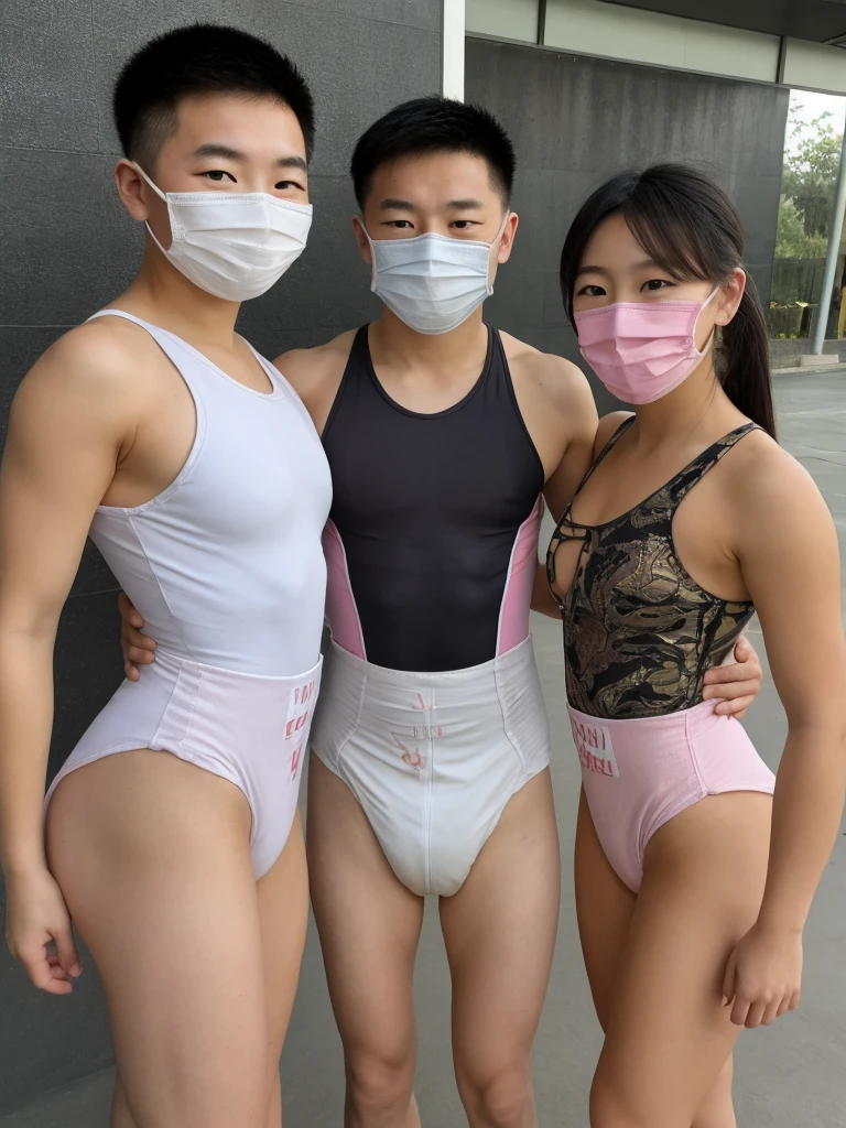 Three Chinese Boys, 12, Leotard, Wearing Masks, Muscular, Medium Breasts